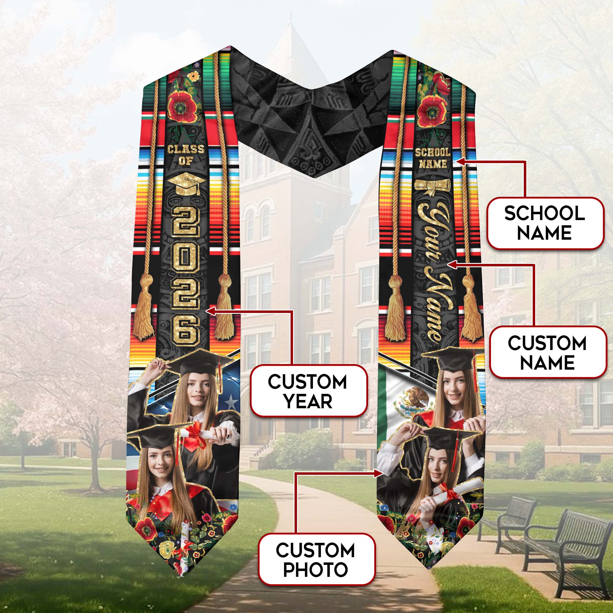 Custom Mexican Graduation Sash 2026 Aztec Patterns Serape Rose USA Mexico Flag Photo