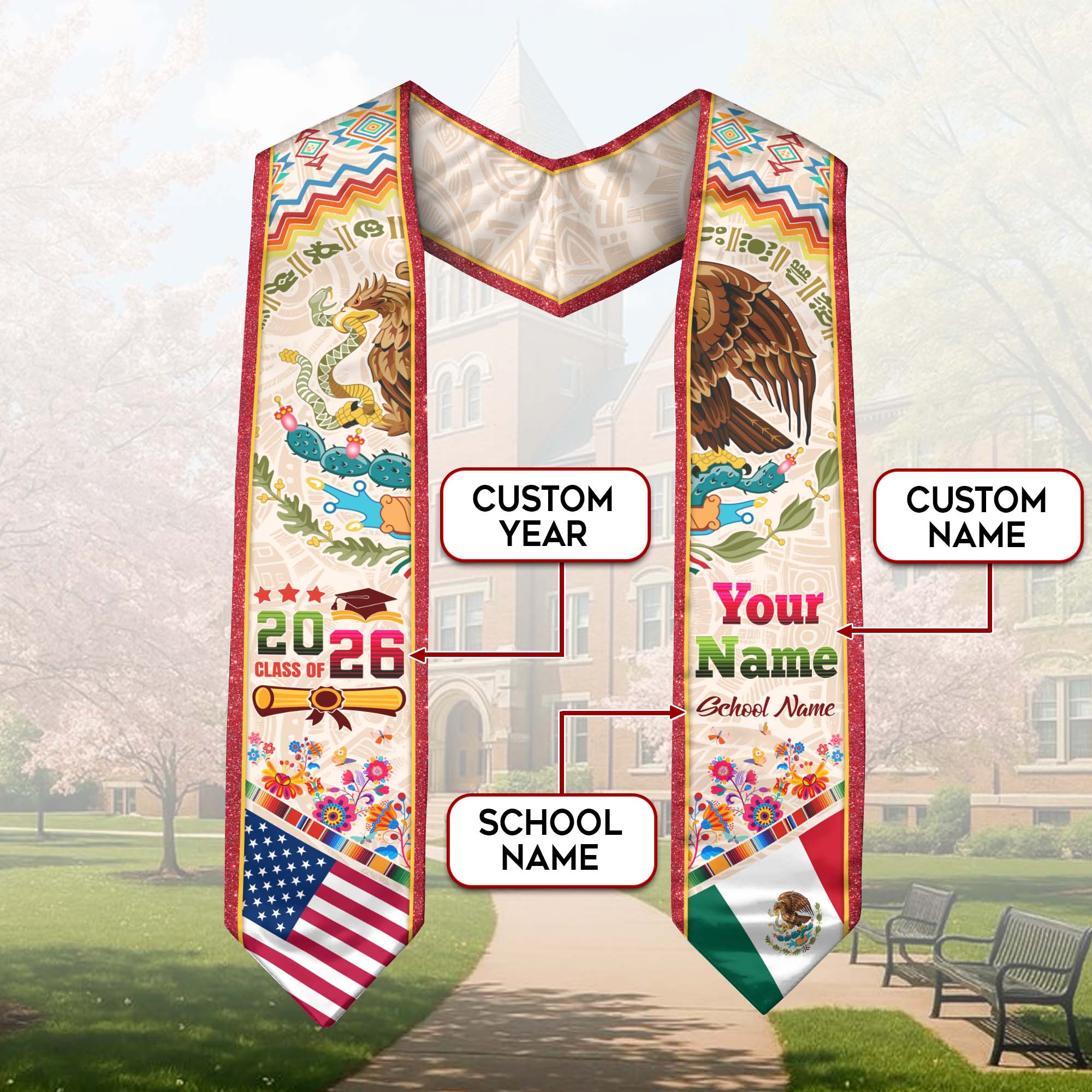 Personalized 2026 Graduation Stole – USA & Mexico Eagle Heritage Senior Sash with Serape Pattern Design