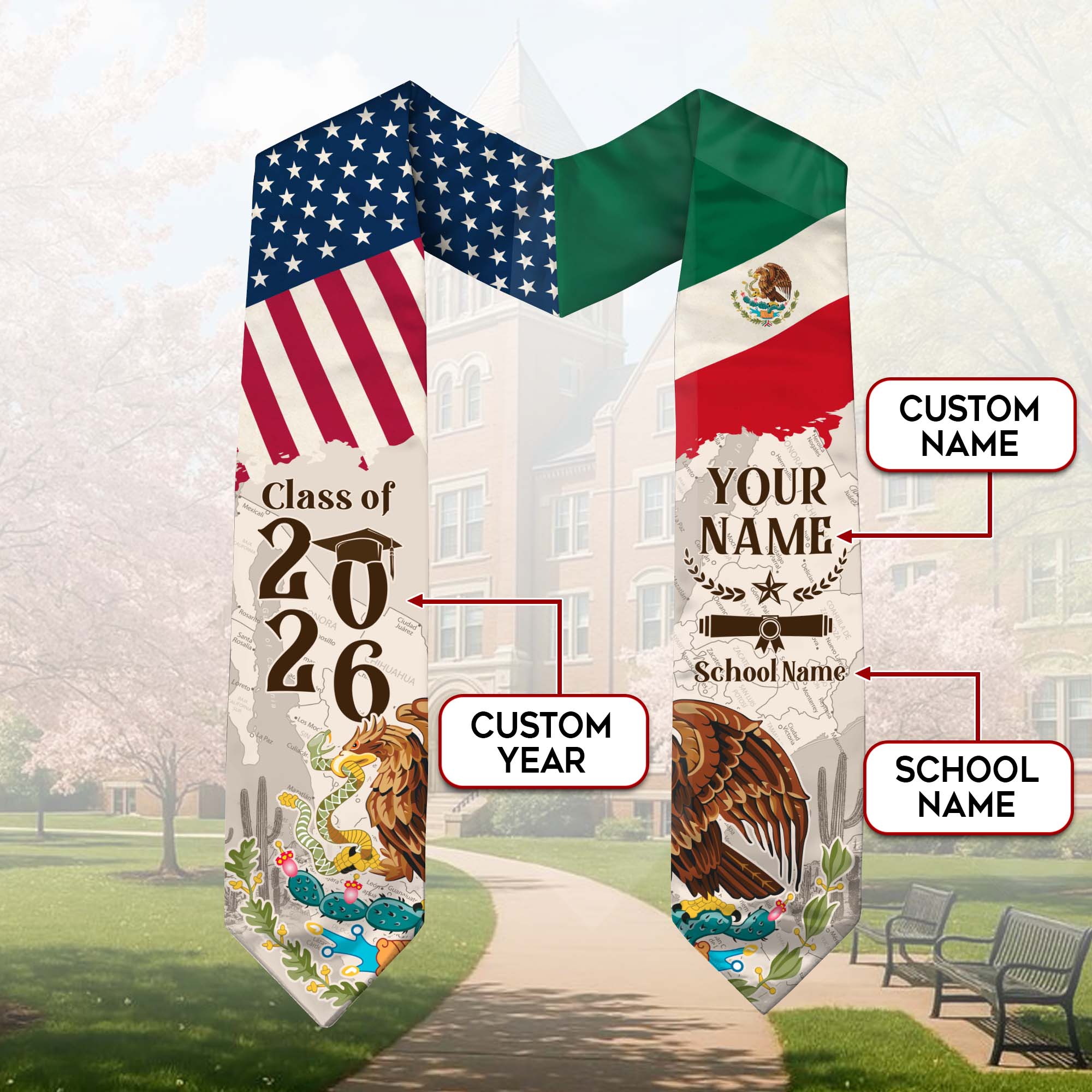 Custom Class of 2026 Graduation Stole – USA & Mexico Flag Senior Sash with Eagle Crest Design