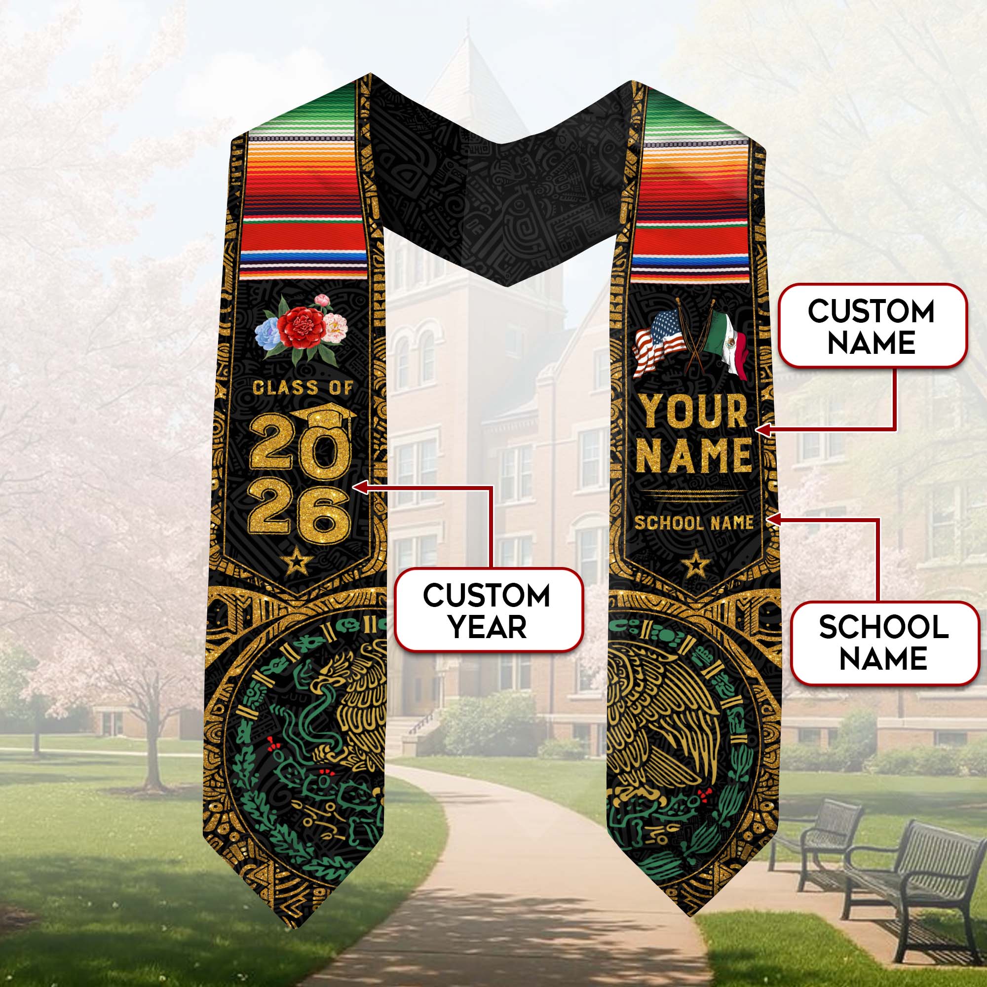 Personalized Class of 2026 Graduation Stole – Black & Gold USA Mexico Heritage Senior Sash with Serape Accent