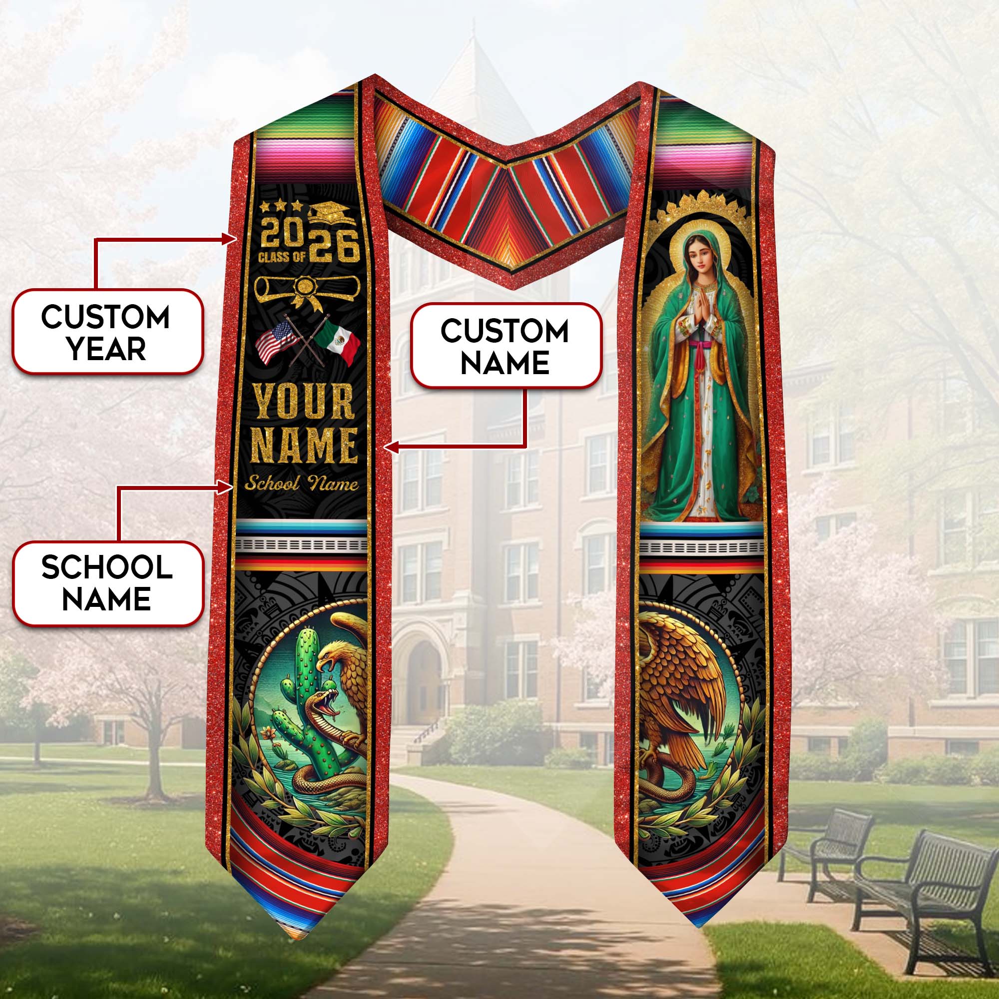 Virgen de Guadalupe 2026 Graduation Stole – Custom USA & Mexico Senior Sash with Eagle Emblem & Serape Detail