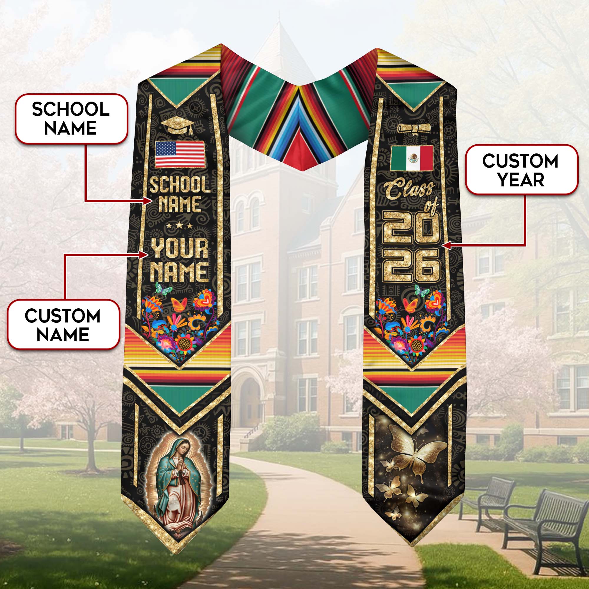 Custom Virgen de Guadalupe 2026 Graduation Stole – Personalized Mexican Heritage Class Sash