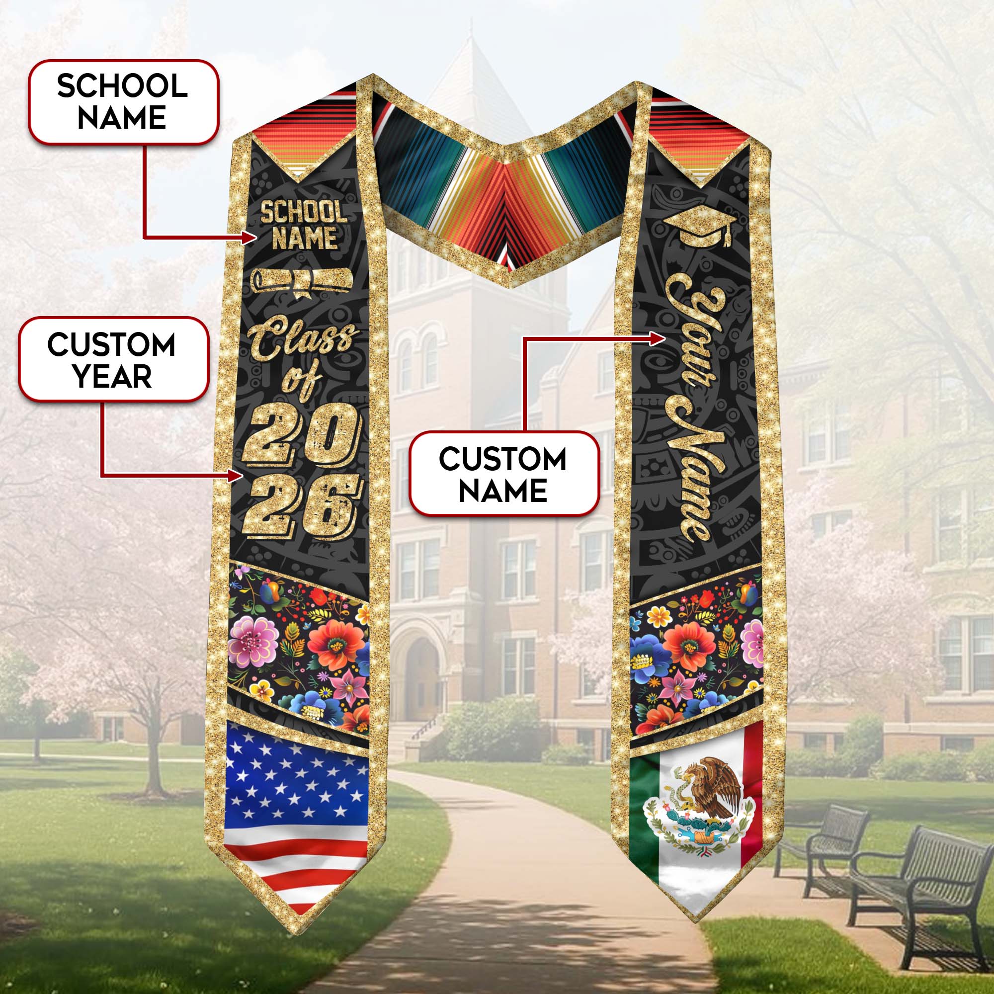 Custom Class of 2026 Graduation Stole – Personalized USA & Mexico Flag Senior Sash with Floral Gold Design