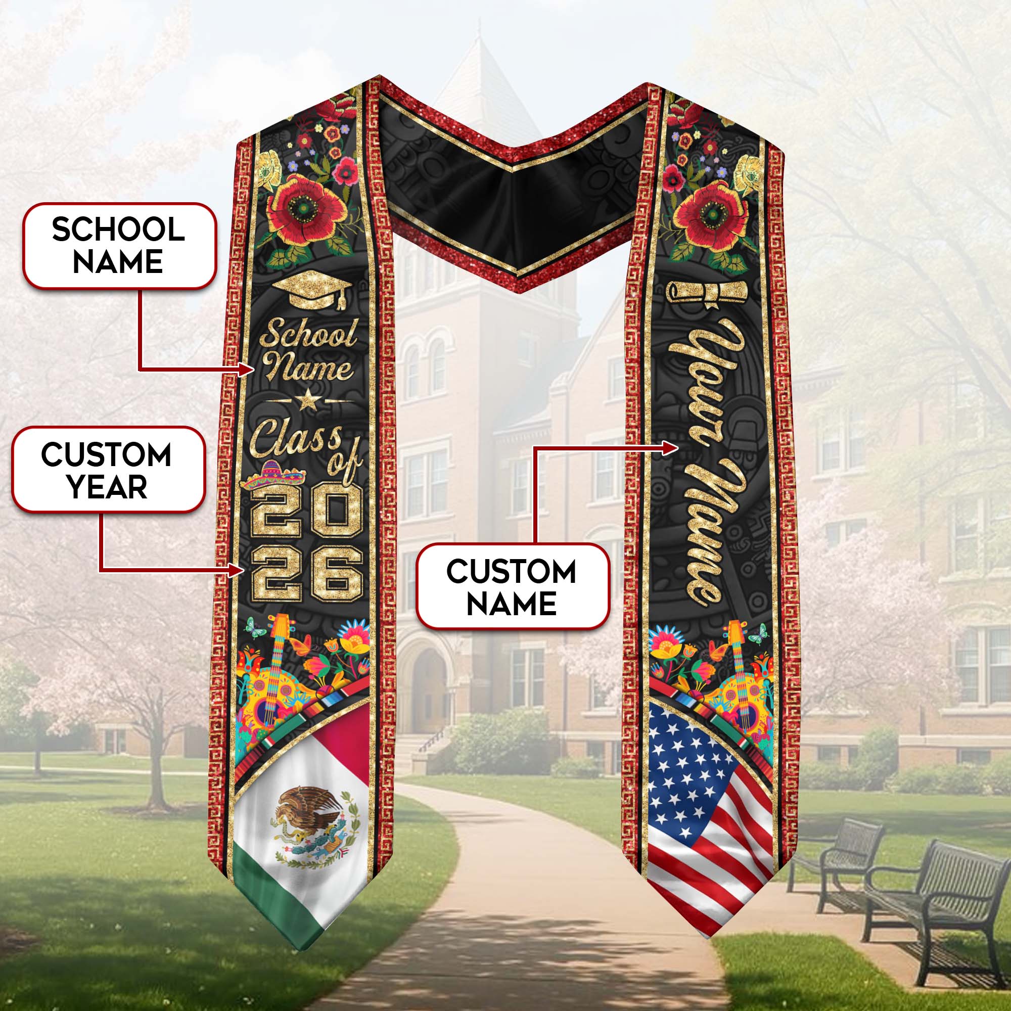 Personalized 2026 Graduation Stole – Mexican & American Heritage Senior Sash with Red Floral Gold Detail