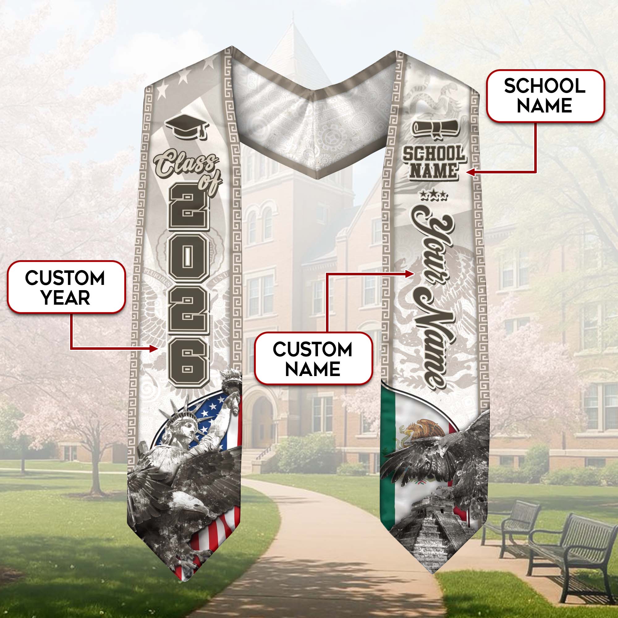 Class of 2026 Silver Graduation Stole – USA & Mexico Pride Senior Sash with Eagle & Statue Design