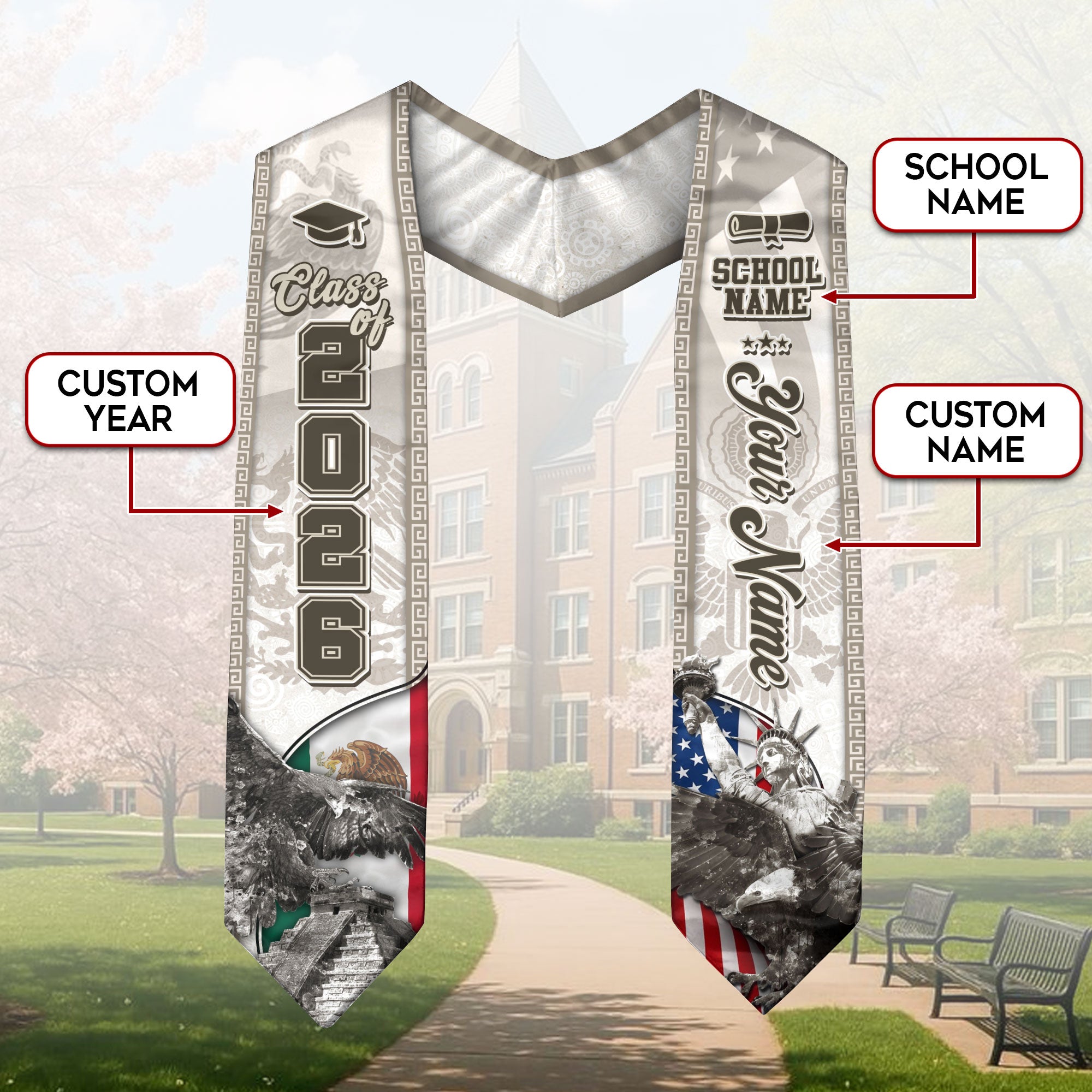 Class of 2026 Silver Graduation Stole – USA & Mexico Pride Senior Sash with Eagle & Statue Design