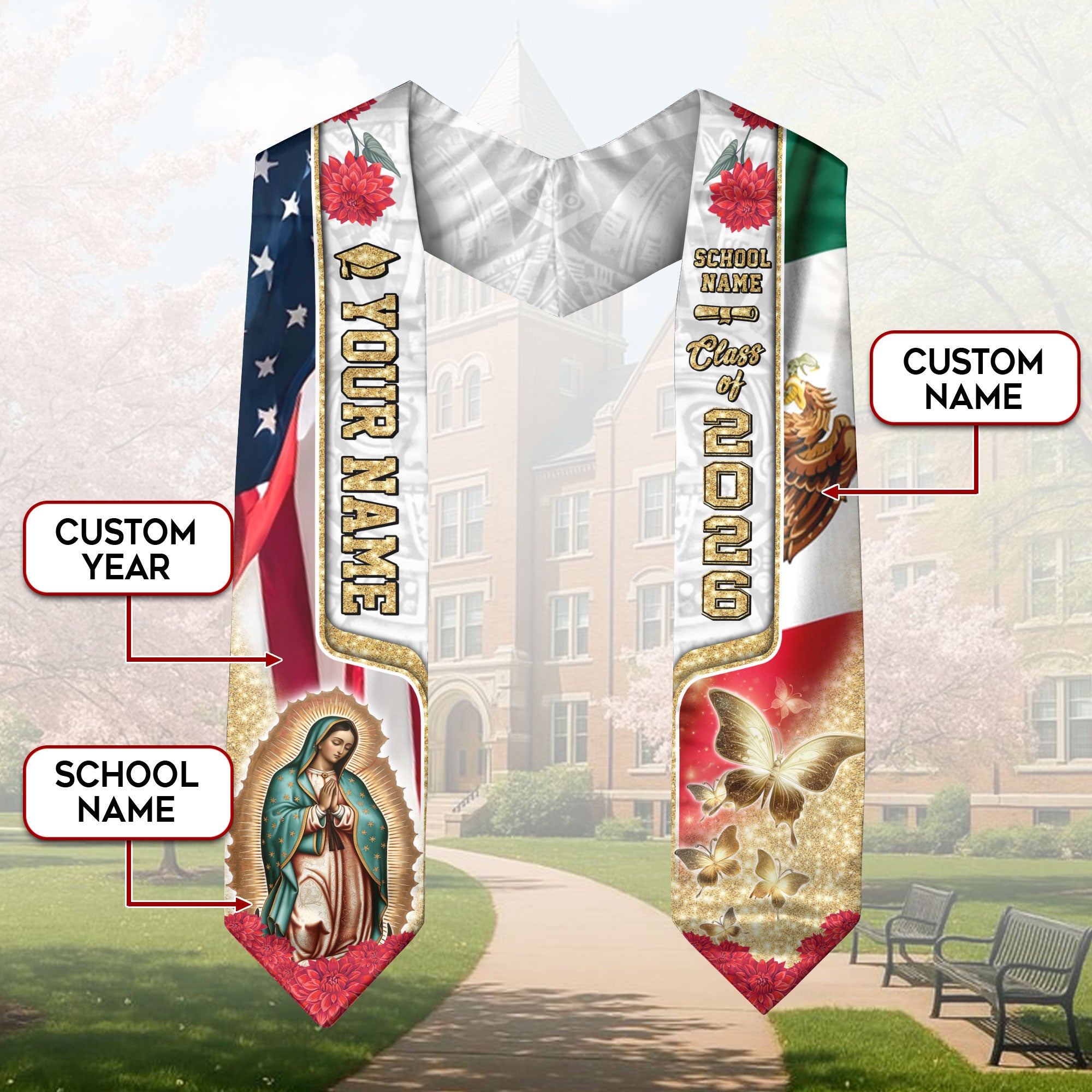 Custom Class of 2026 Graduation Stole – Virgen de Guadalupe USA & Mexico Senior Sash with Gold Butterfly Design