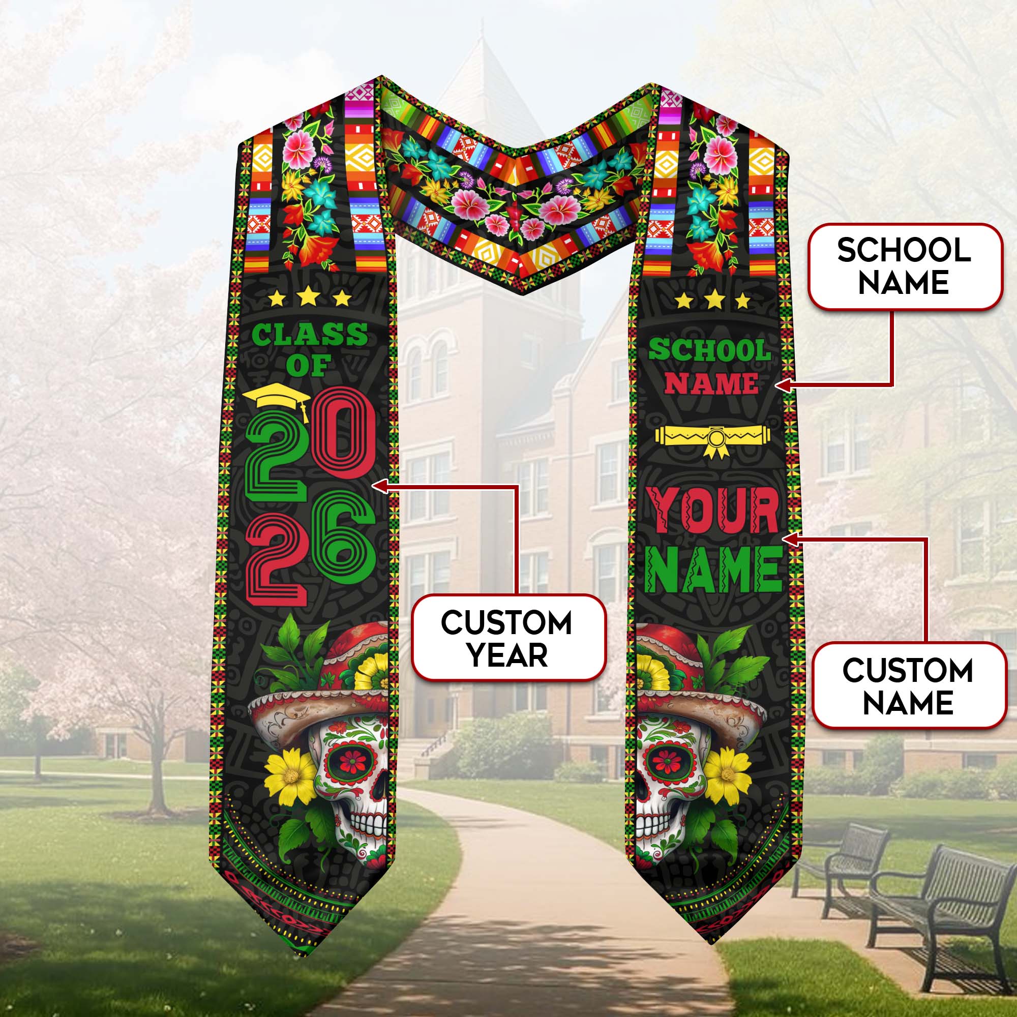 Custom Class of 2026 Graduation Stole – Mexican Serape & Sugar Skull Design, Personalized School and Name Sash