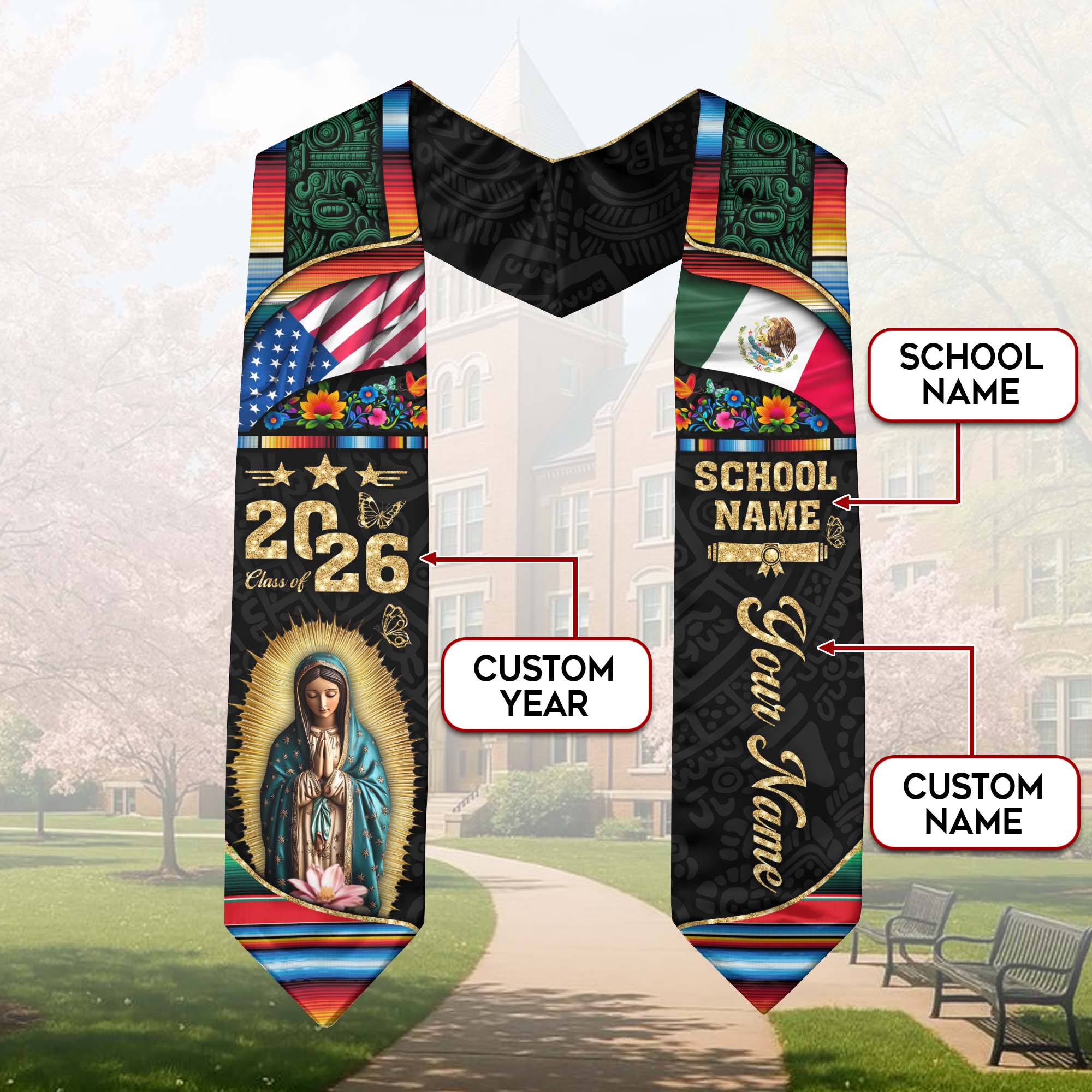 Custom Virgen de Guadalupe Class of 2026 Graduation Stole – USA & Mexico Flag Personalized Senior Sash