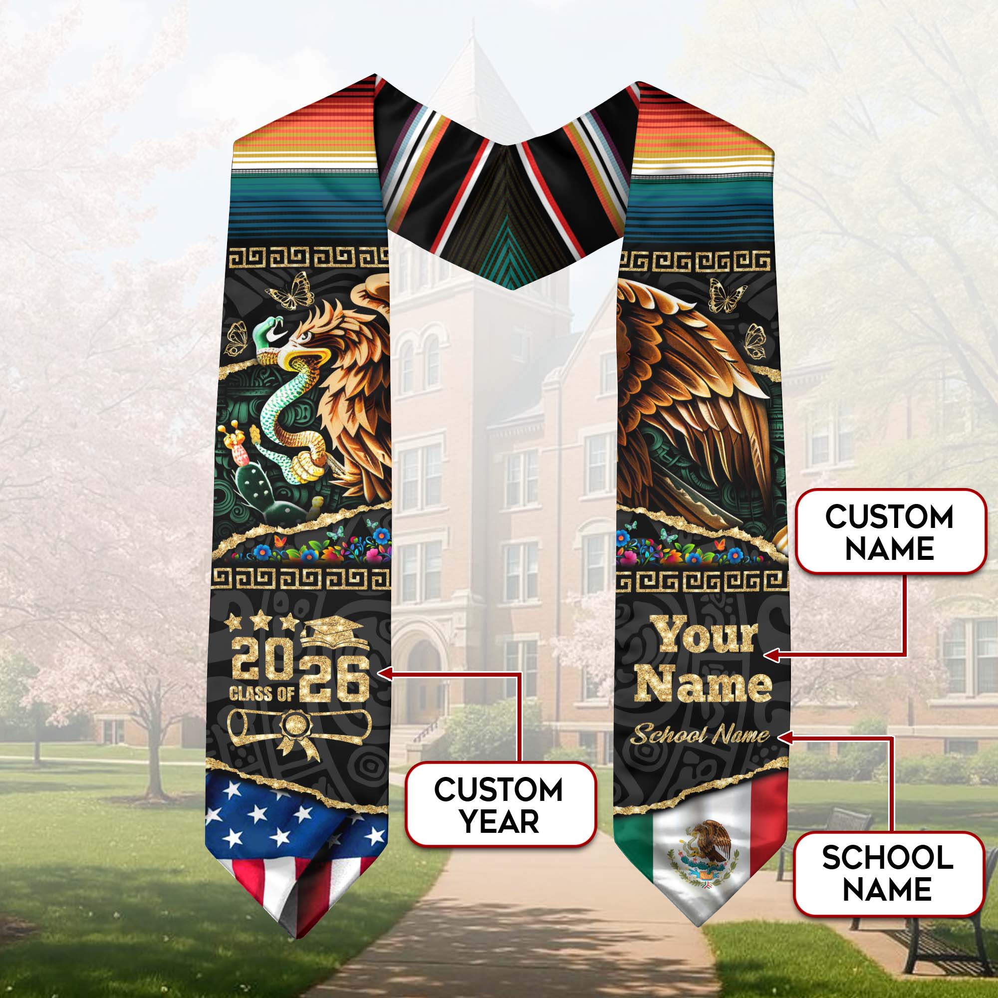 Custom Aztec Eagle Class of 2026 Graduation Stole – USA & Mexico Flag Personalized Senior Sash
