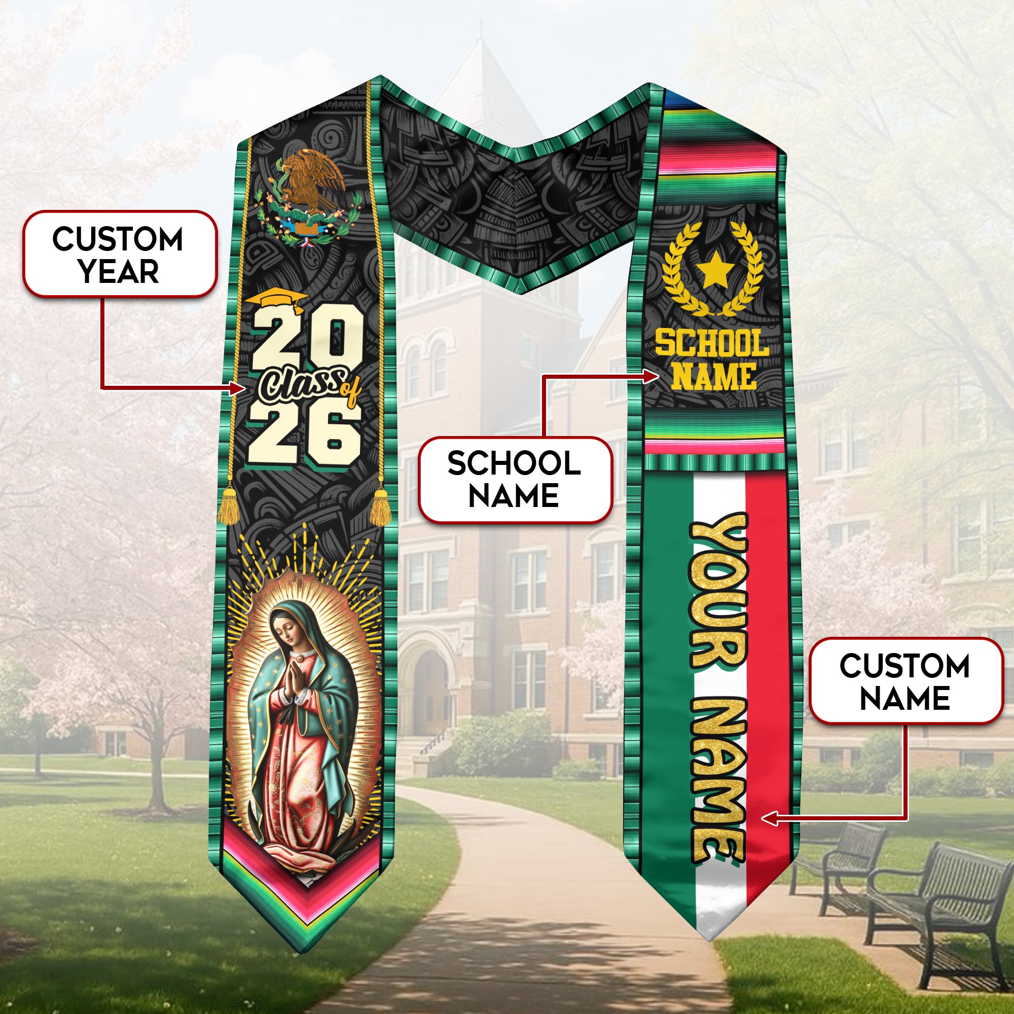 Custom Class of 2026 Virgen de Guadalupe Graduation Stole – Personalized USA Mexico Heritage Senior Sash