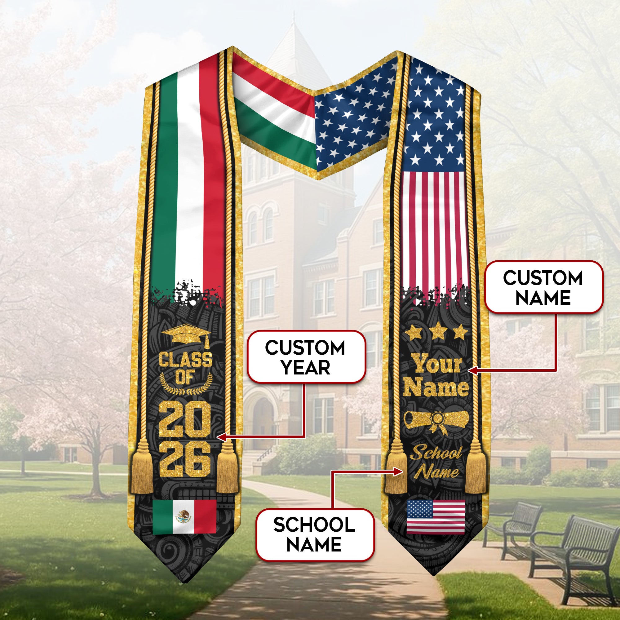 Custom USA & Mexico Flag Graduation Stole 2026 – Personalized Class of 2026 Senior Sash with Gold Tassel Design