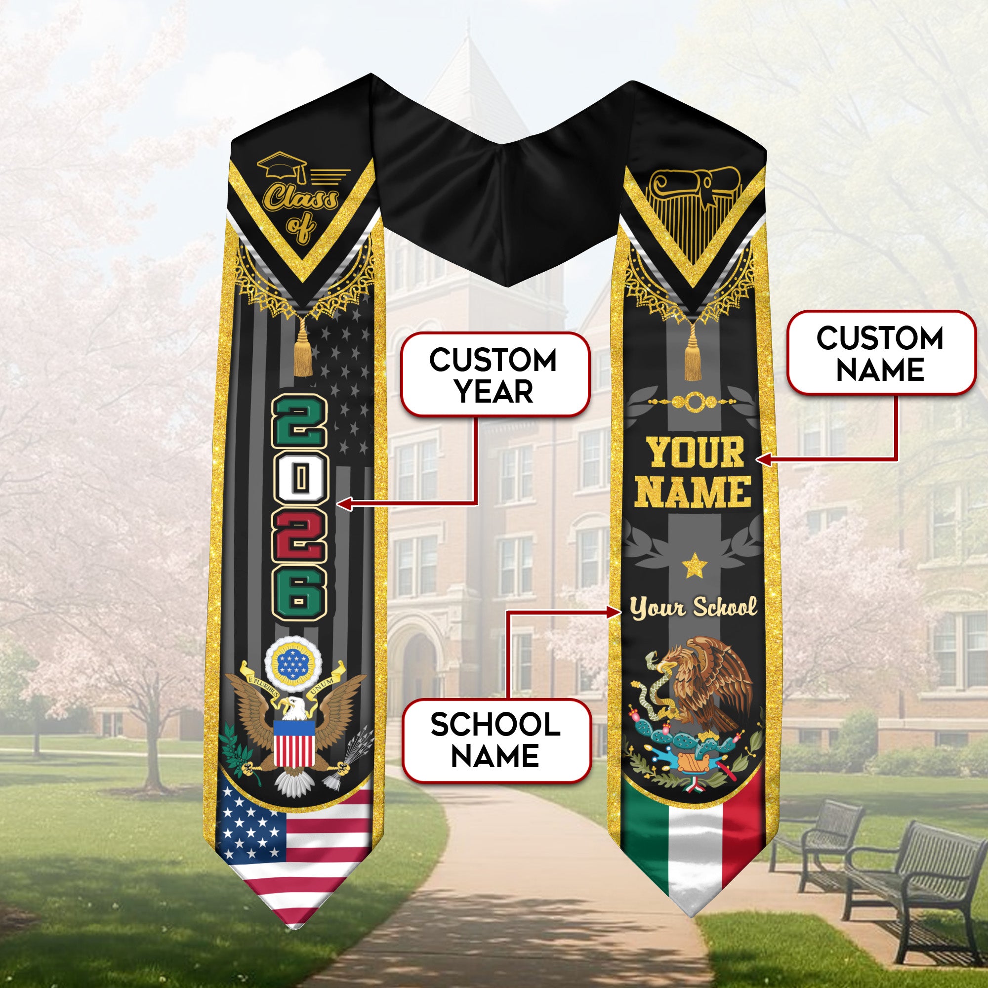 Custom USA Mexico Heritage Graduation Stole 2026 – Personalized Senior Sash with Eagle Crest & National Flag Design