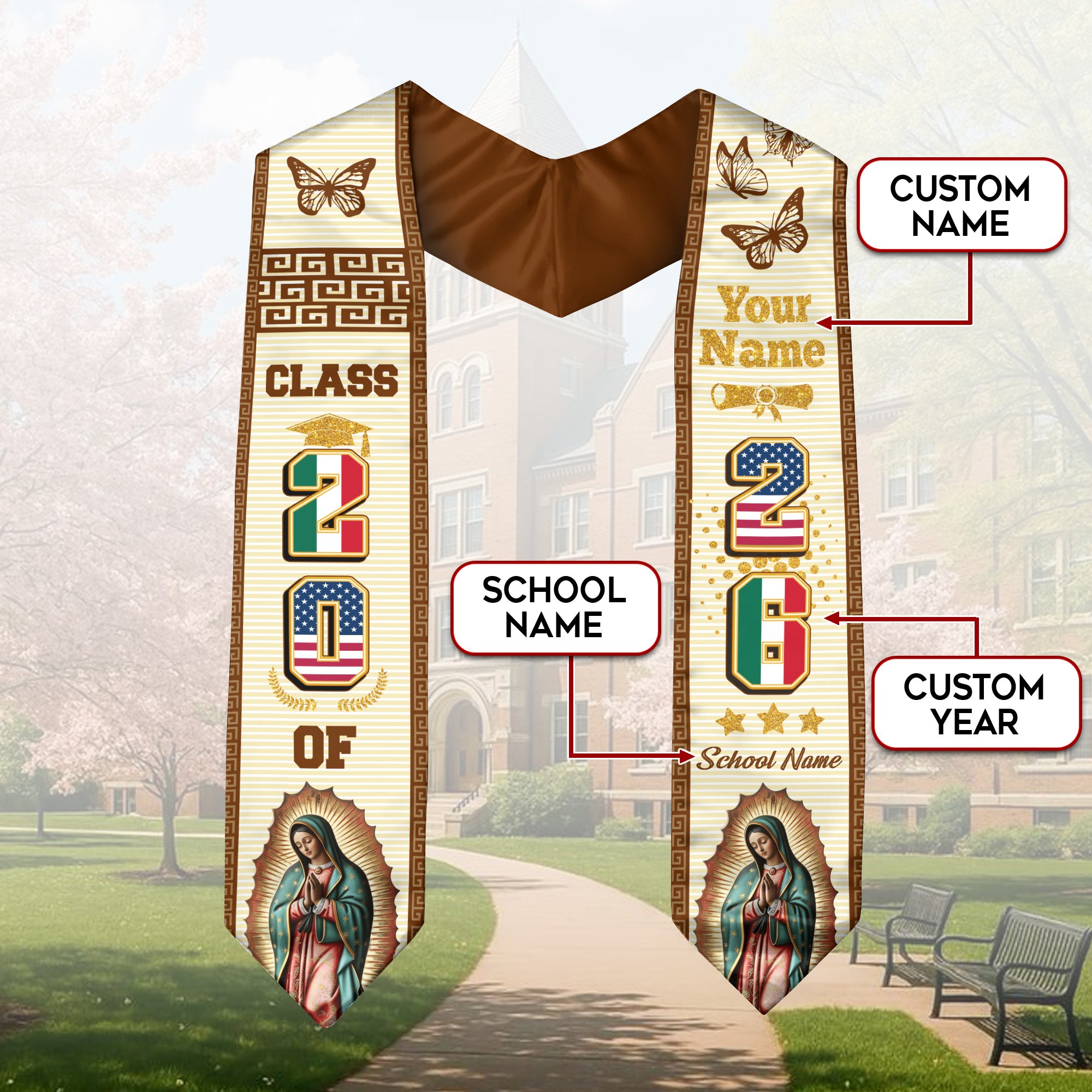 Custom Virgen de Guadalupe Class of 2026 Stole – Personalized Graduation Sash with USA & Mexico Heritage Colors