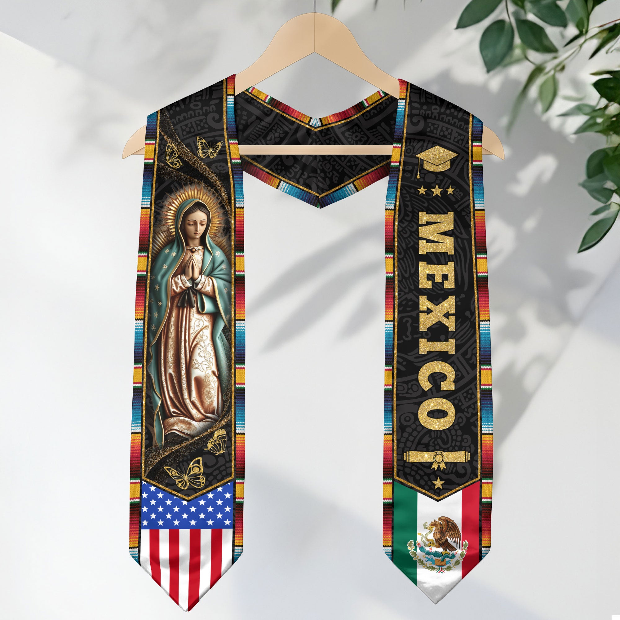 Mexican Graduation Stole Mexico USA Flag Aztec Virgin Mary Butterfly 2026