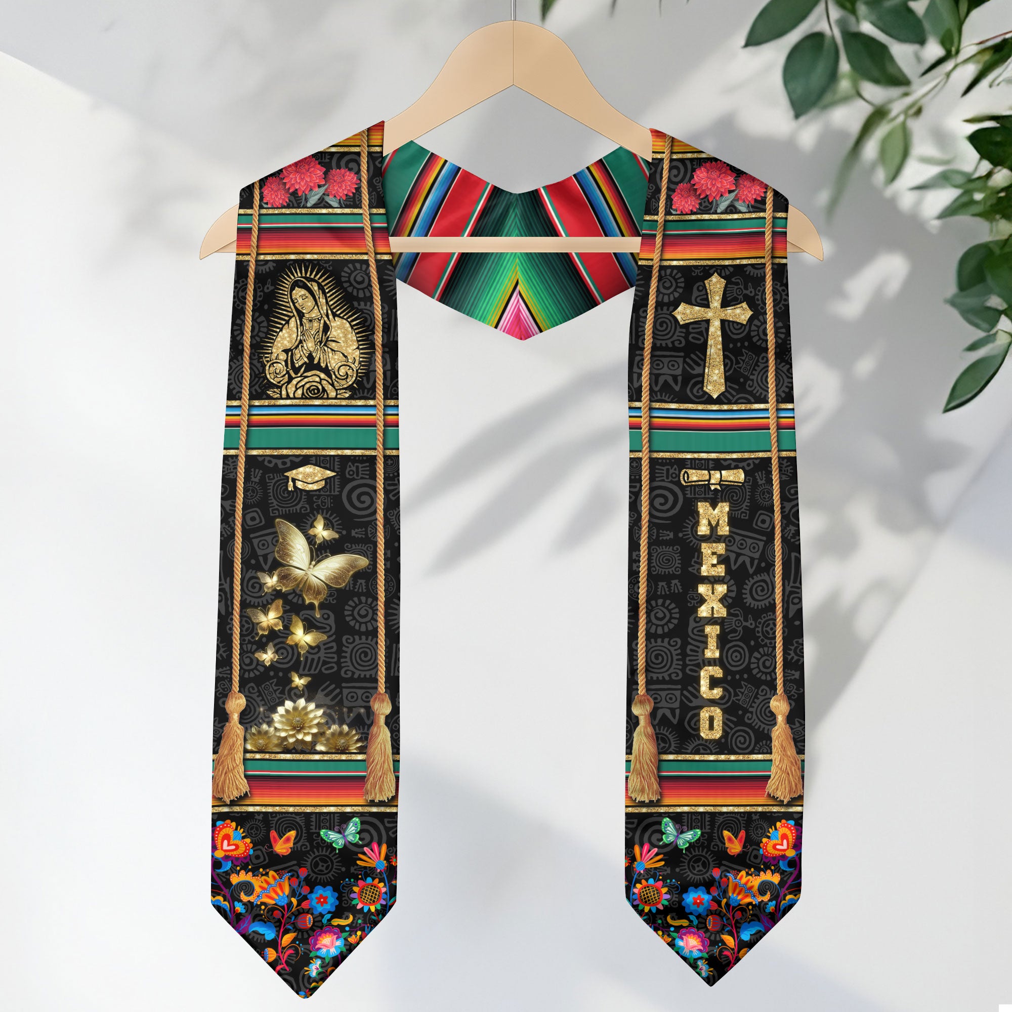 Mexican Graduation Stole Mexico Sash Aztec Virgin Mary Cross Butterfly ...