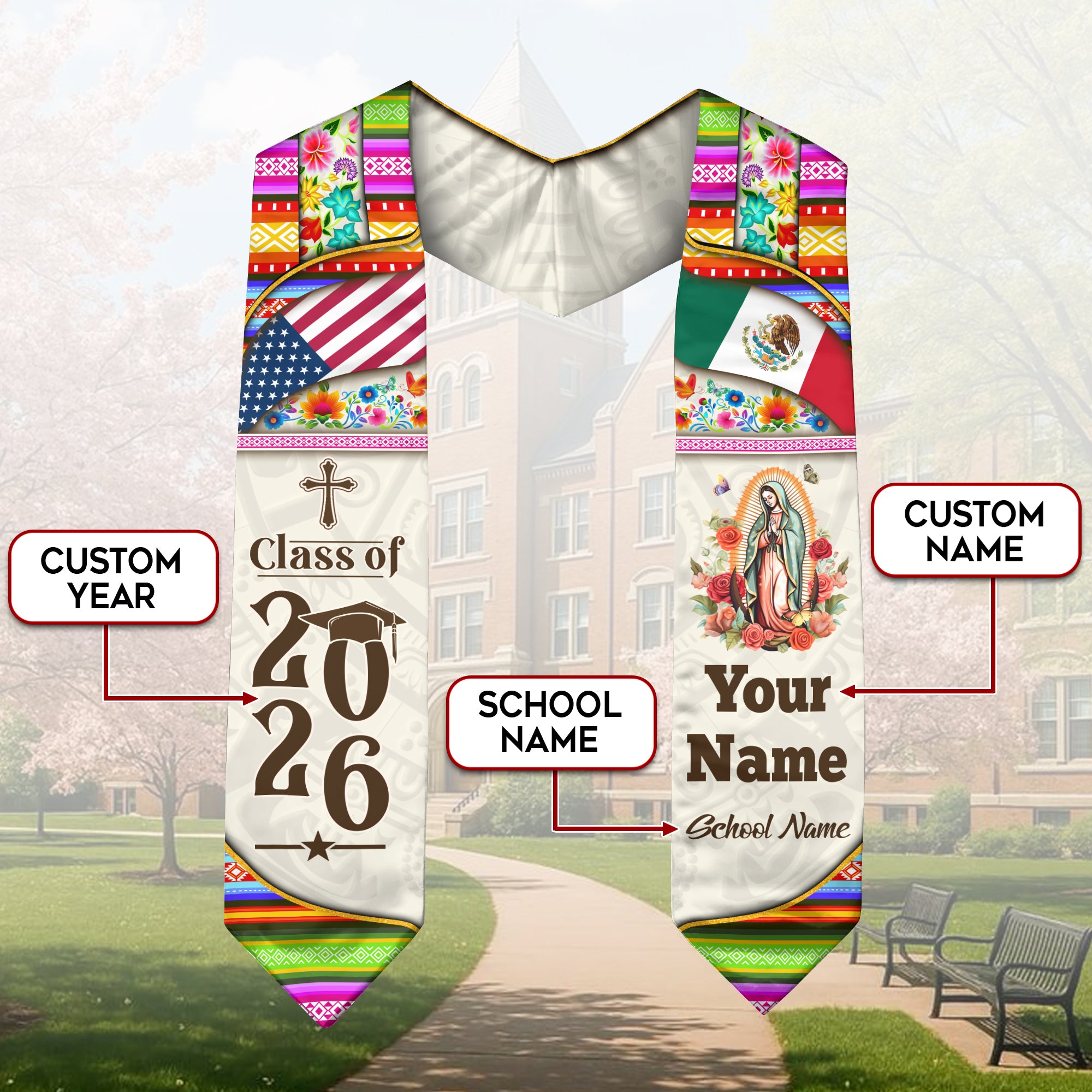 Custom Mexican Graduation Stole Mexico Sash Virgin Mary Cross Aztec Floral USA Flag 2026