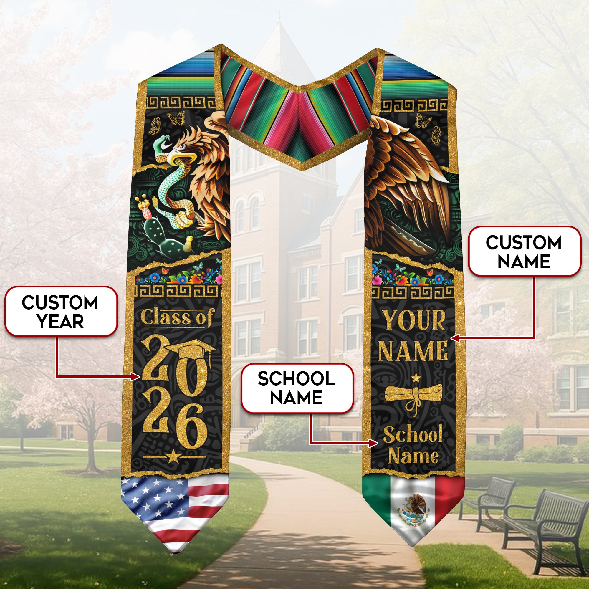Custom Mexican Graduation Stole Mexico USA Flag Aztec Eagle Serape Gold Class 2026