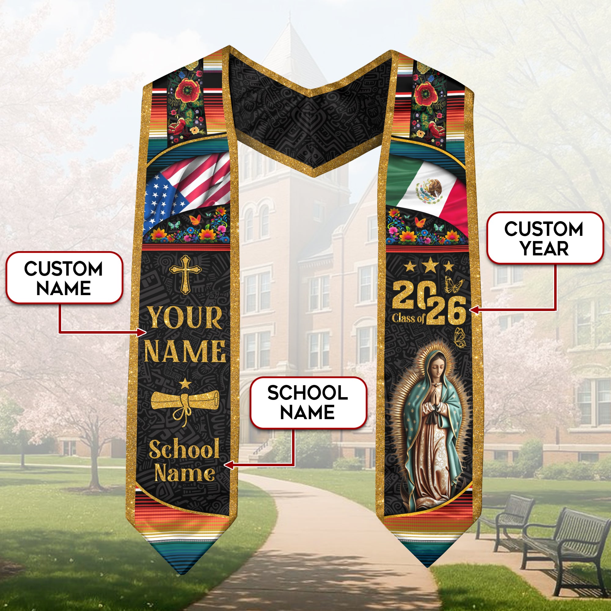 Custom Mexican Graduation Stole Mexico USA Flag Aztec Floral Virgin Mary 2026