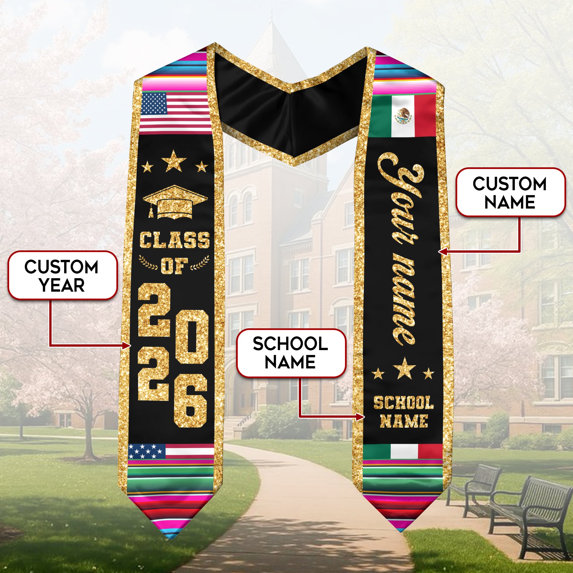 Mexican Graduation Stole Custom Name Mexico USA Flag Serape Gold Glitter Class 2026