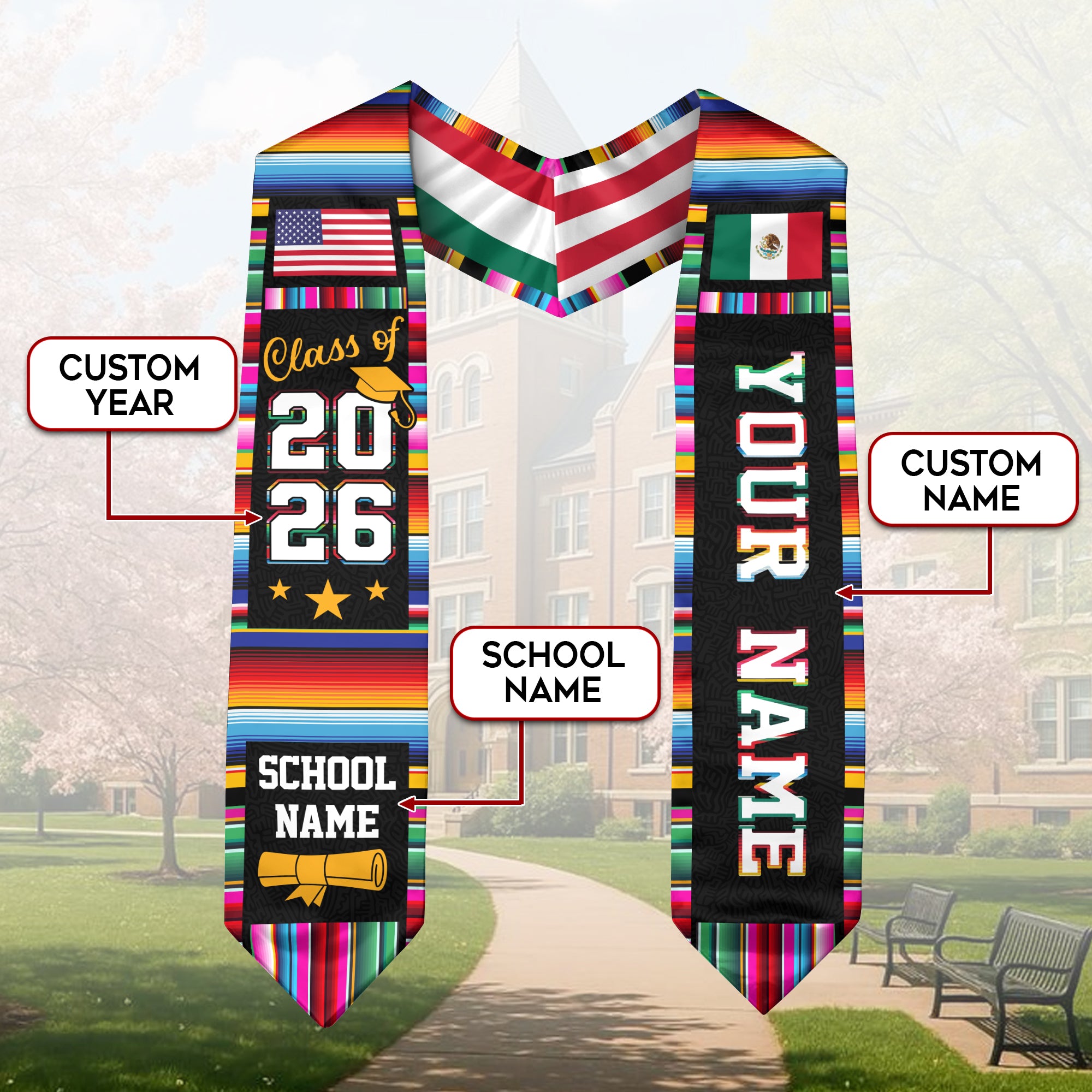 Custom Mexican Graduation Stole Mexico USA Flag Serape Class 2026 Personalized Name