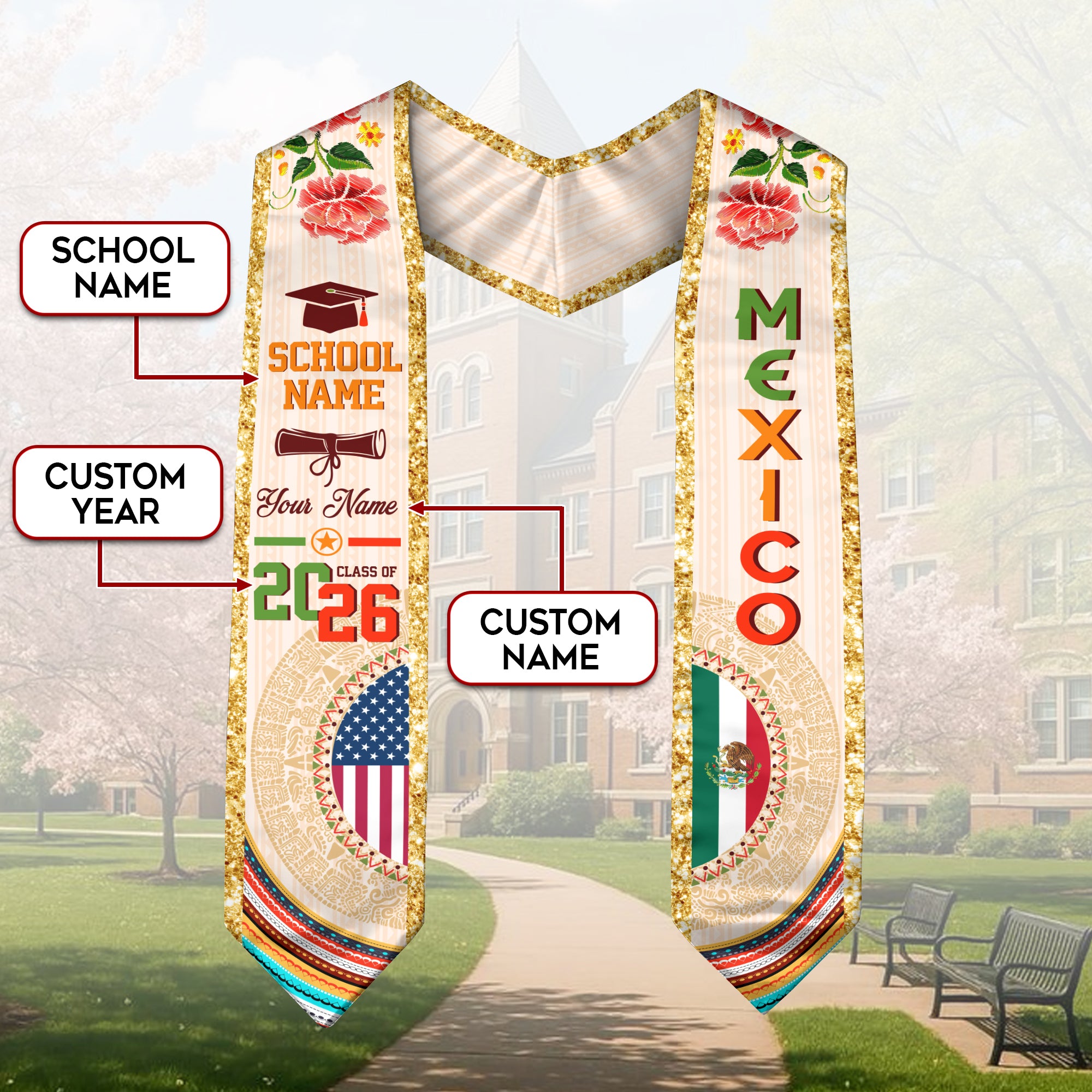Mexican Graduation Stole Custom Name Mexico USA Flag Aztec Rose Class 2026