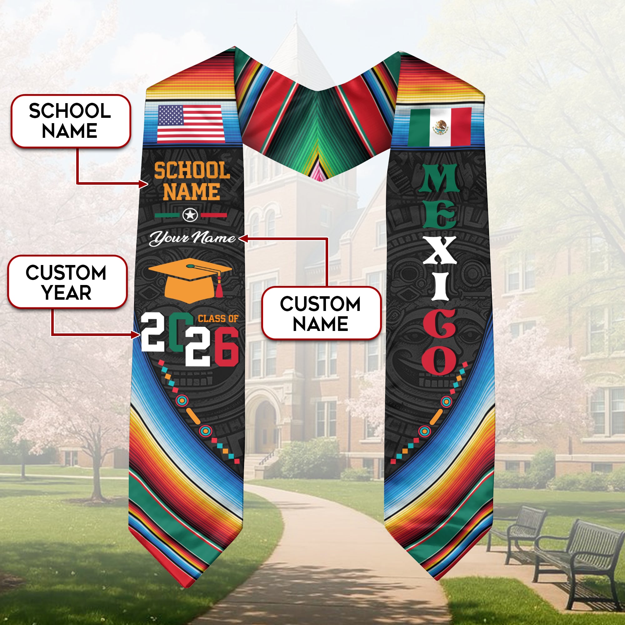 Custom Mexican Graduation Stole Mexico Sash Aztec Pattern Serape USA Flag 2026