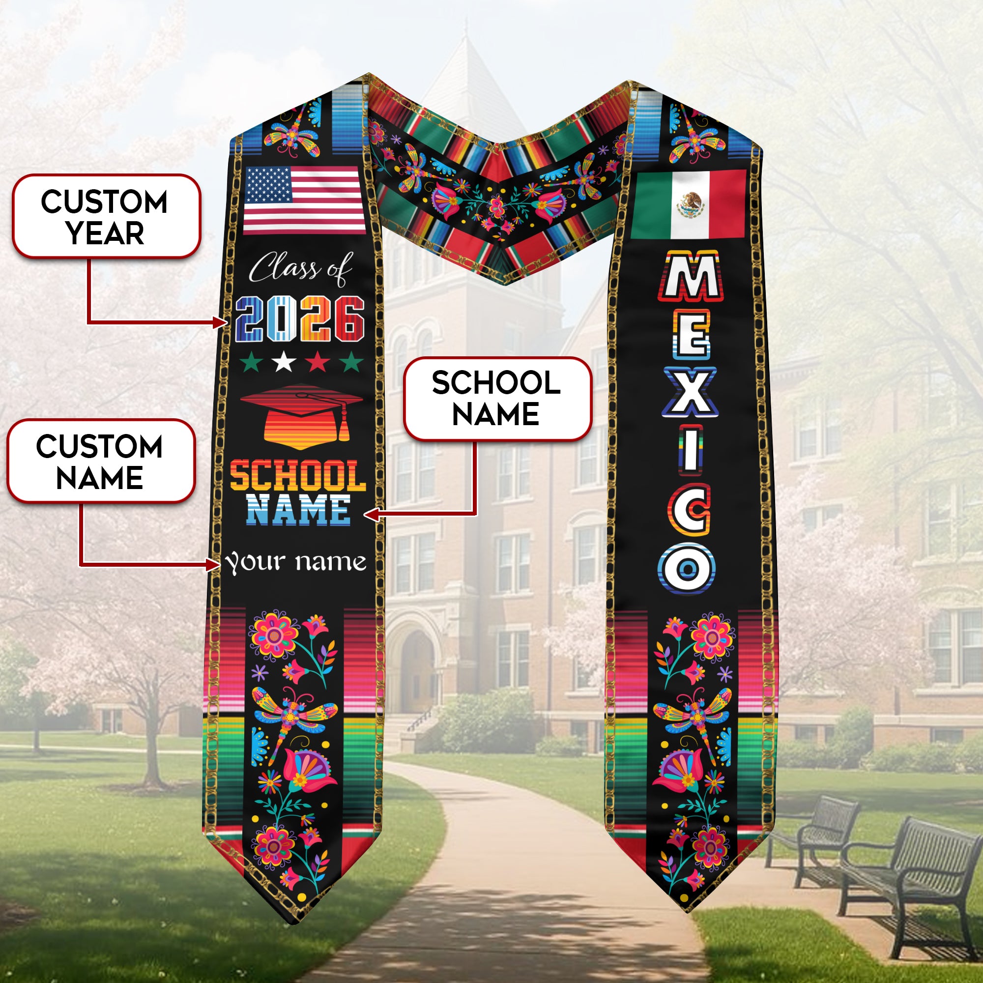 Custom Mexican Graduation Stole Mexico Sash Aztec Floral Butterfly Serape 2026