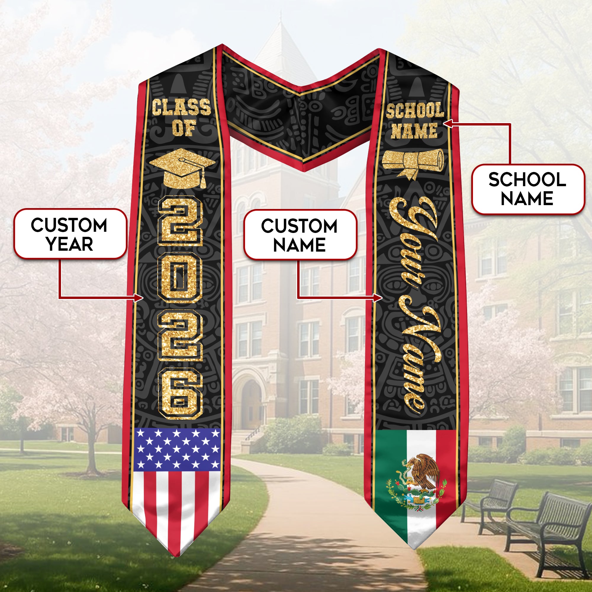 Mexican Graduation Stole Custom Name Mexico Sash Aztec Gold Glitter USA Flag 2026