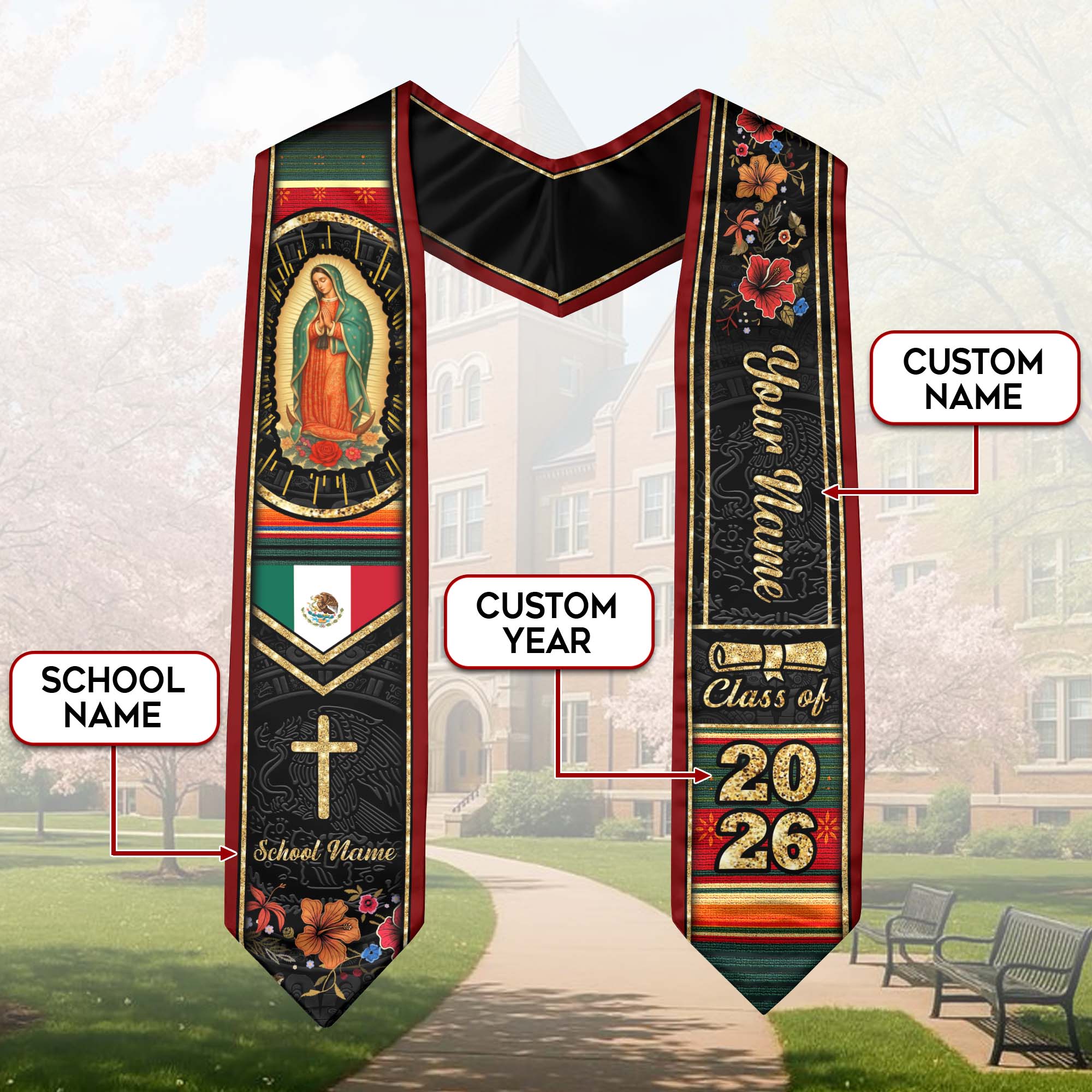 Customized Mexico Graduation Stole, Mexican Flag Inspired Stole, Graduation Sash Class of 2026