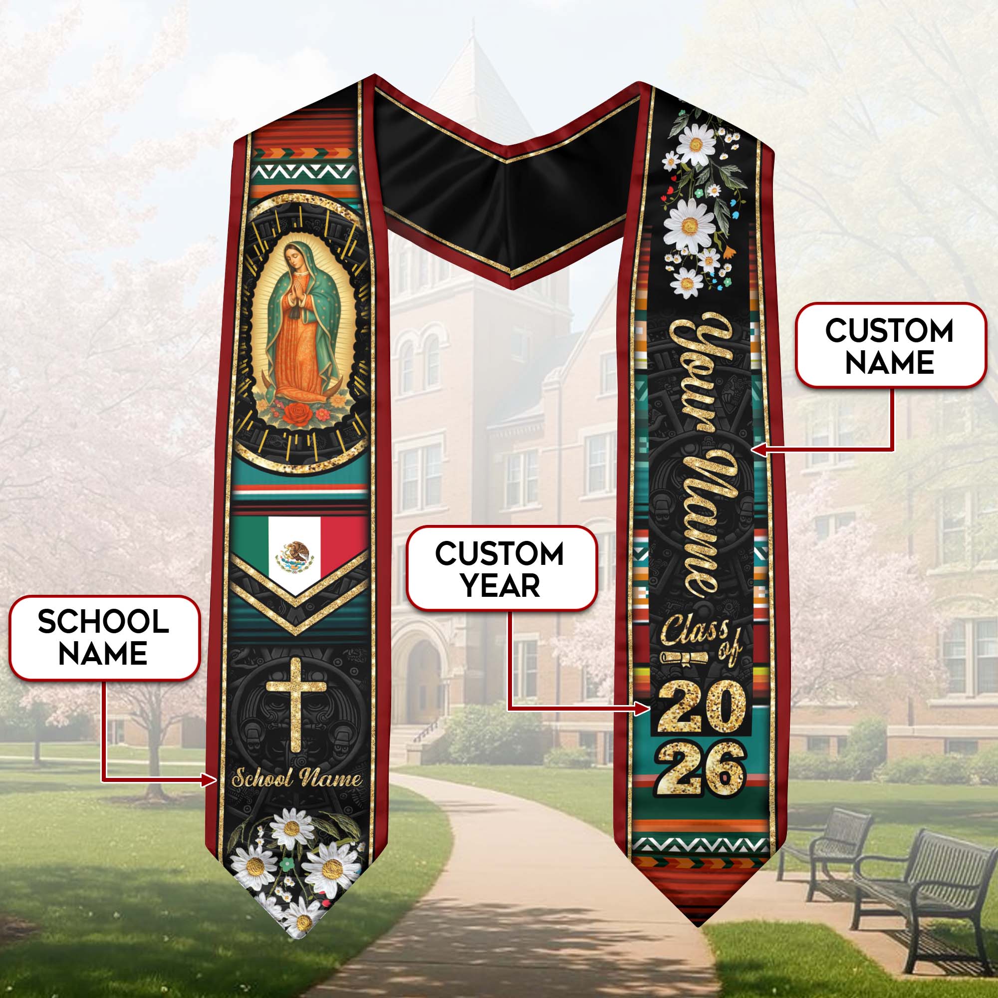 Customized Mexican Graduation Stole with National Flag Design, Graduation Sash for Class of 2026