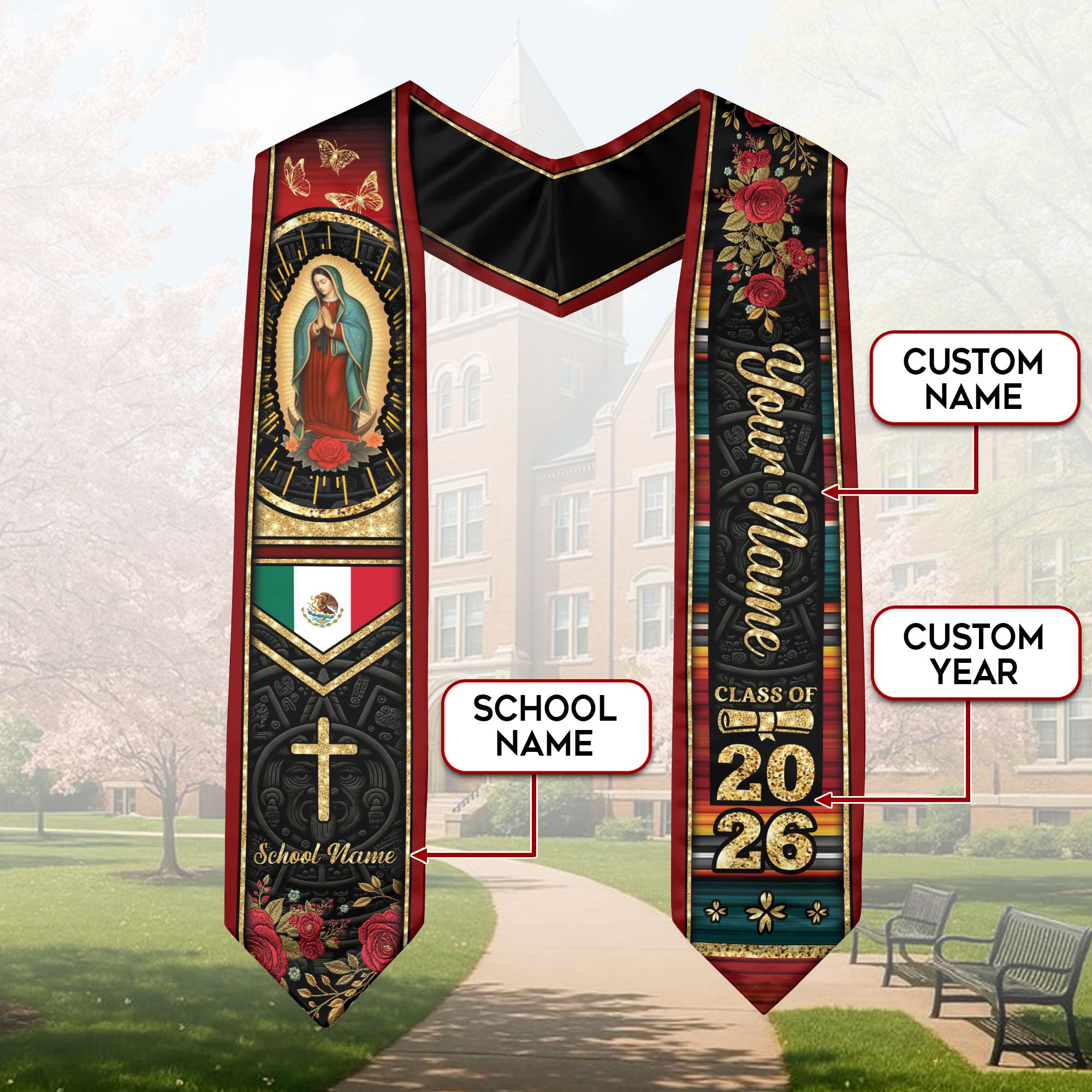 Customized Graduation Stole Mexico, Mexican Flag Style Graduation Sash for the Class of 2026