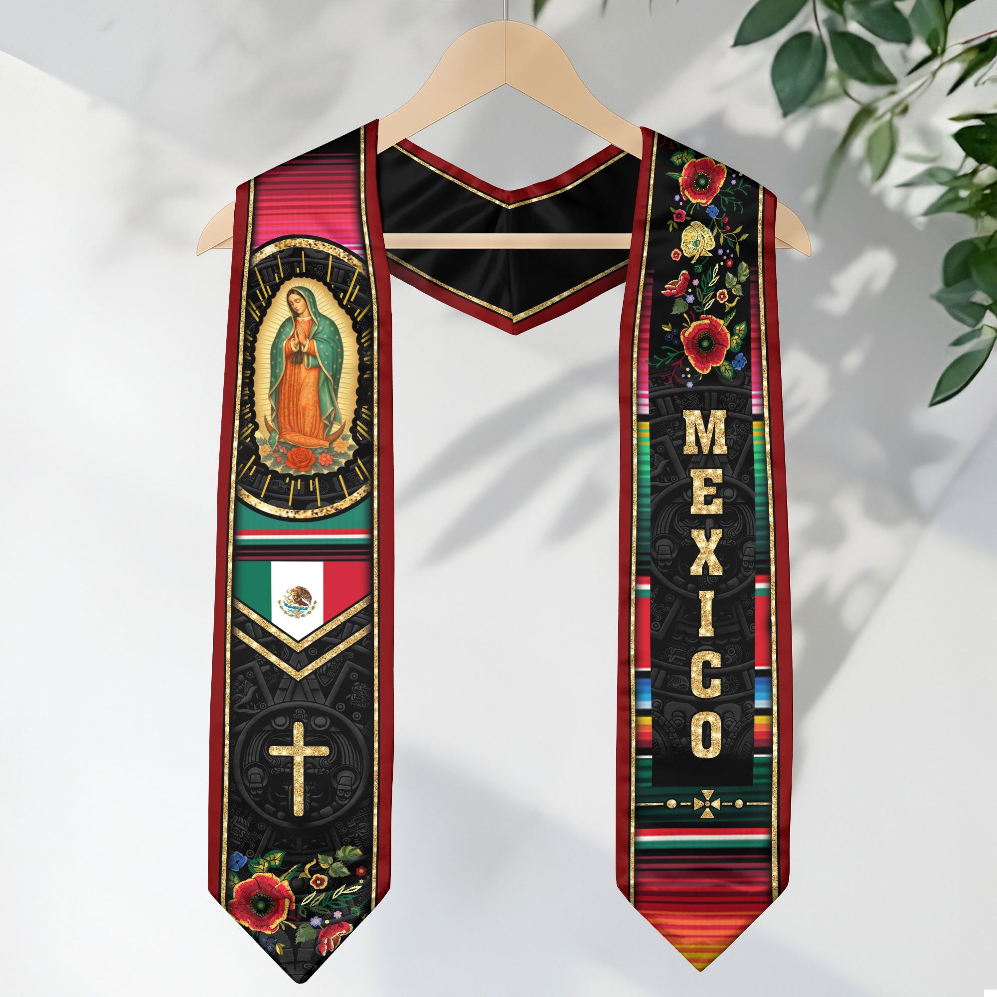Mexican Graduation Stole Mexico Sash Aztec Virgin Mary Cross Serape Flowers