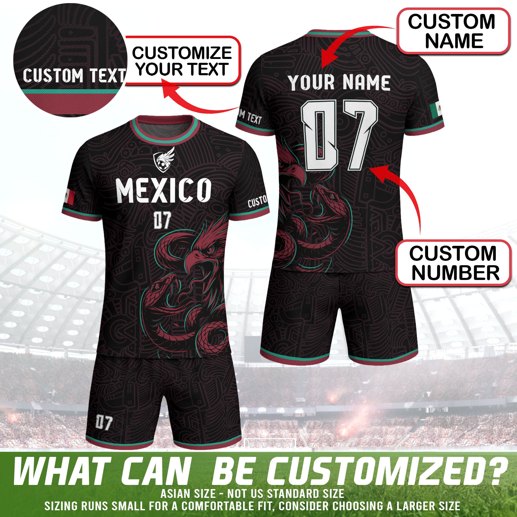 Custom Mexico Black Aztec Eagle Serpent Design Soccer Jersey