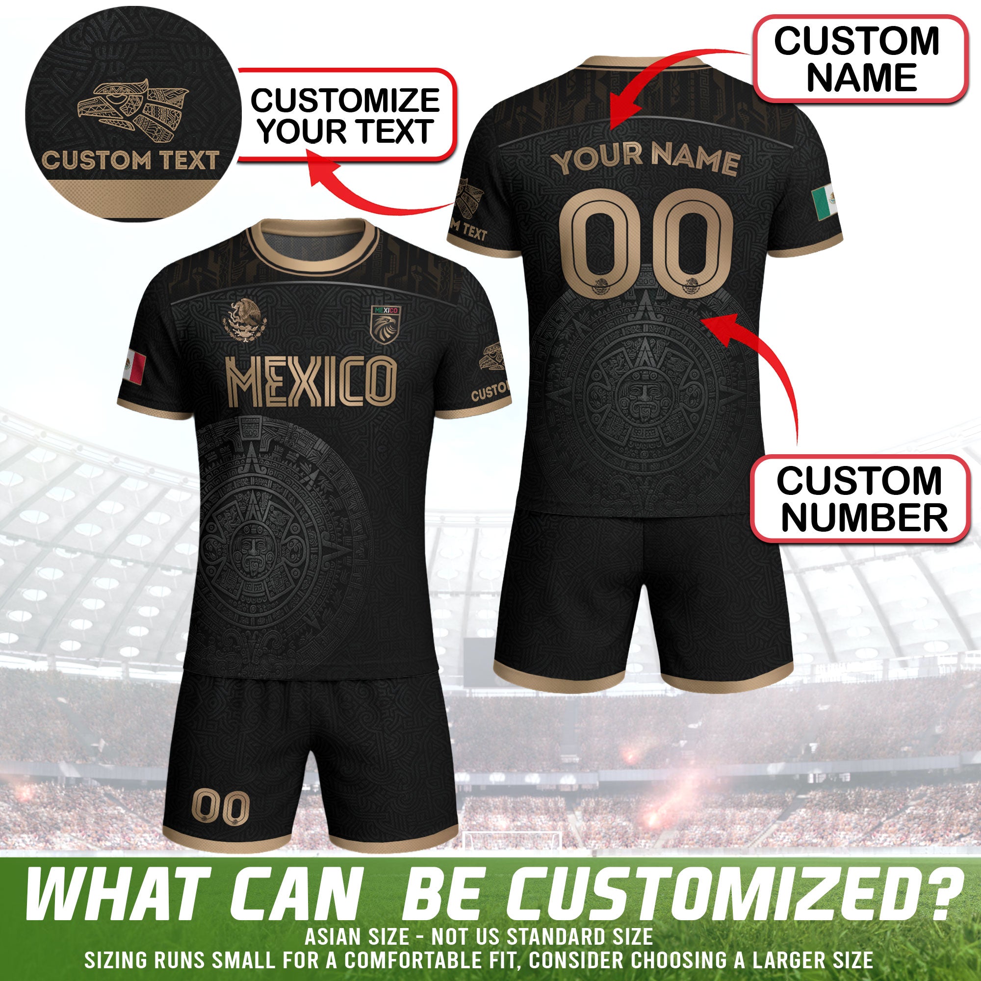 Mexico Custom Soccer Jersey Black Aztec Calendar Gold Edition