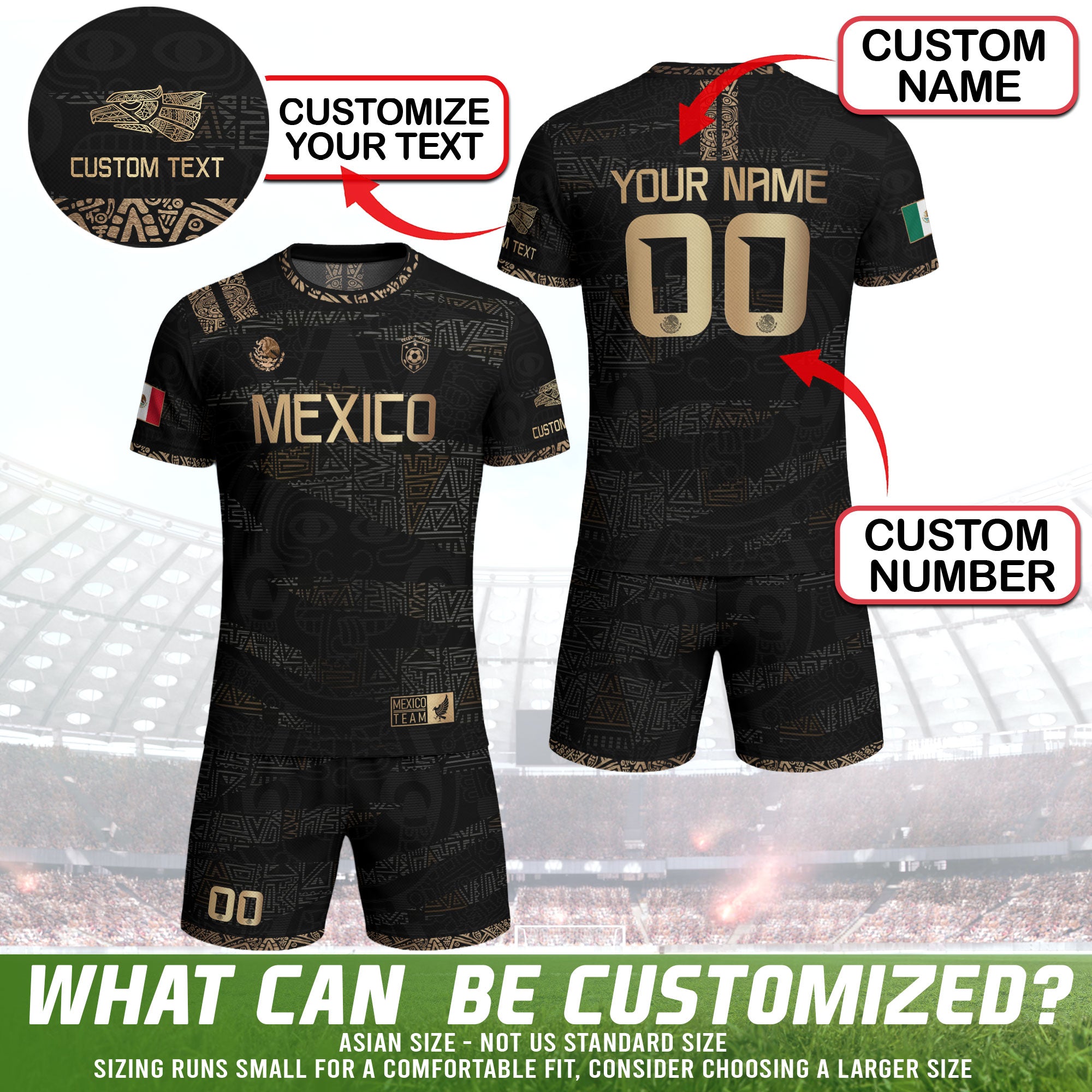 Custom Mexico Soccer Jersey and Shorts Set Black Gold Aztec