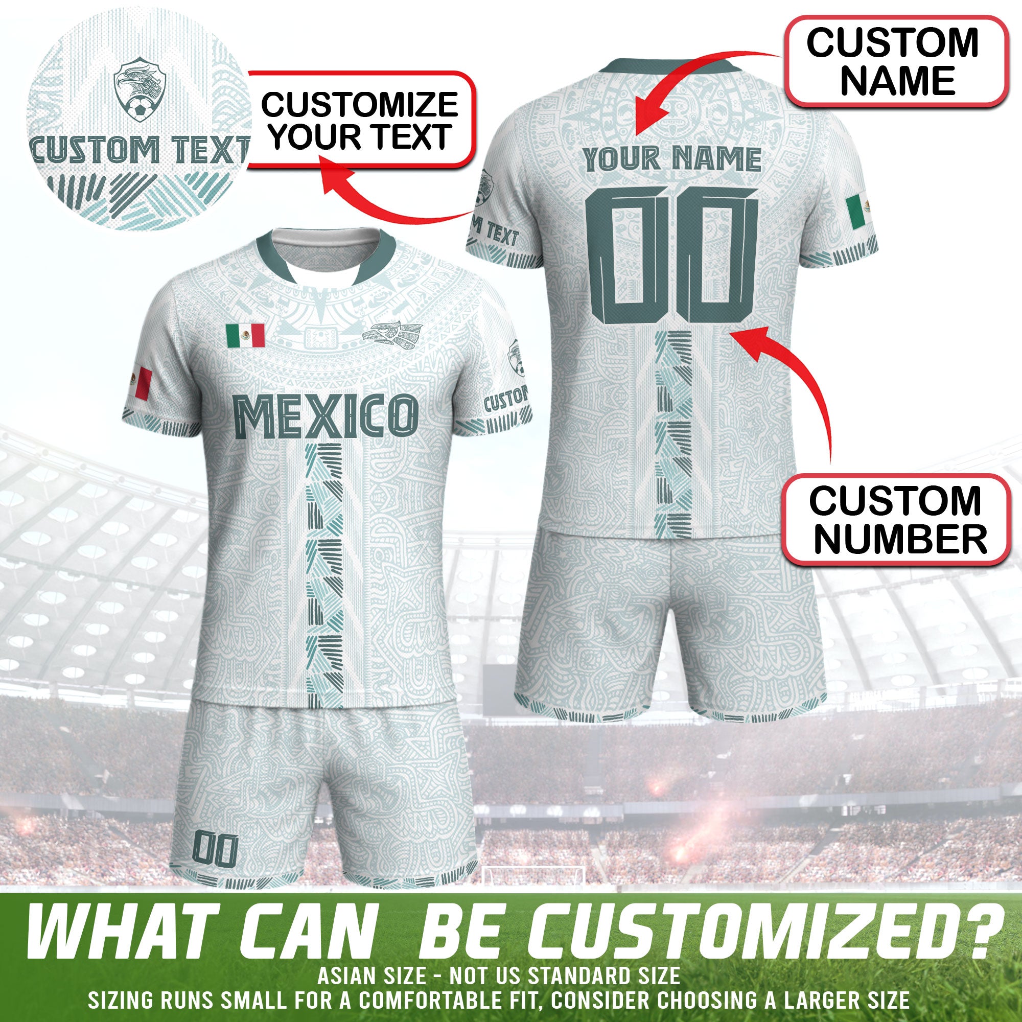 Mexico Custom White Soccer Jersey with Aztec Calendar Design