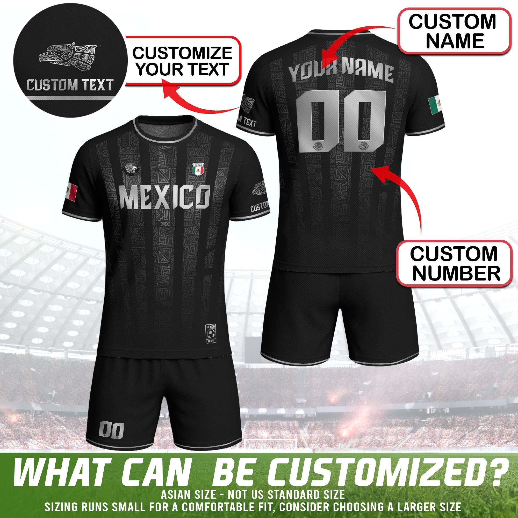 Mexico Custom Black Soccer Jersey with Silver Aztec Pattern