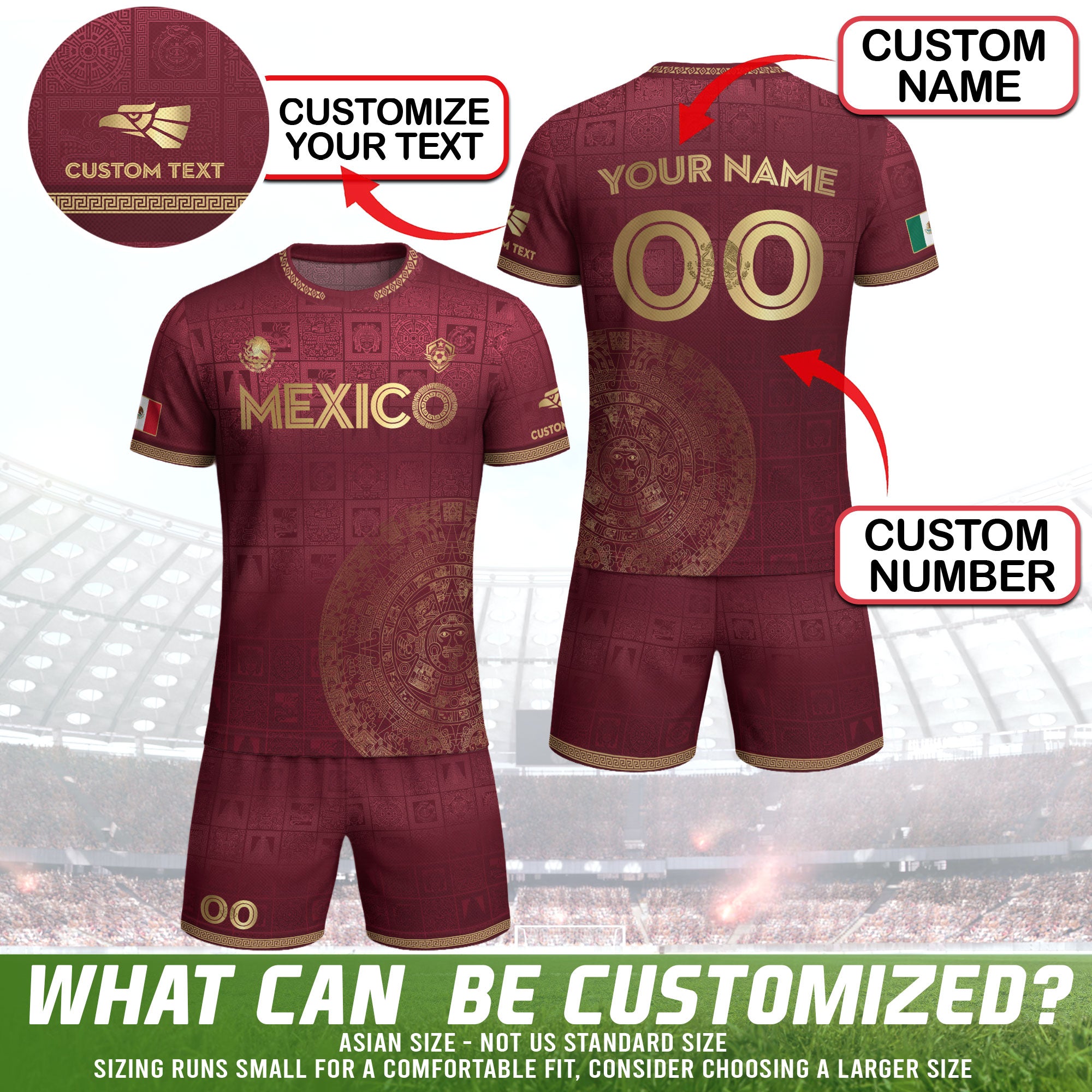 Mexico Custom Maroon with Golden Aztec Calendar Soccer Jersey