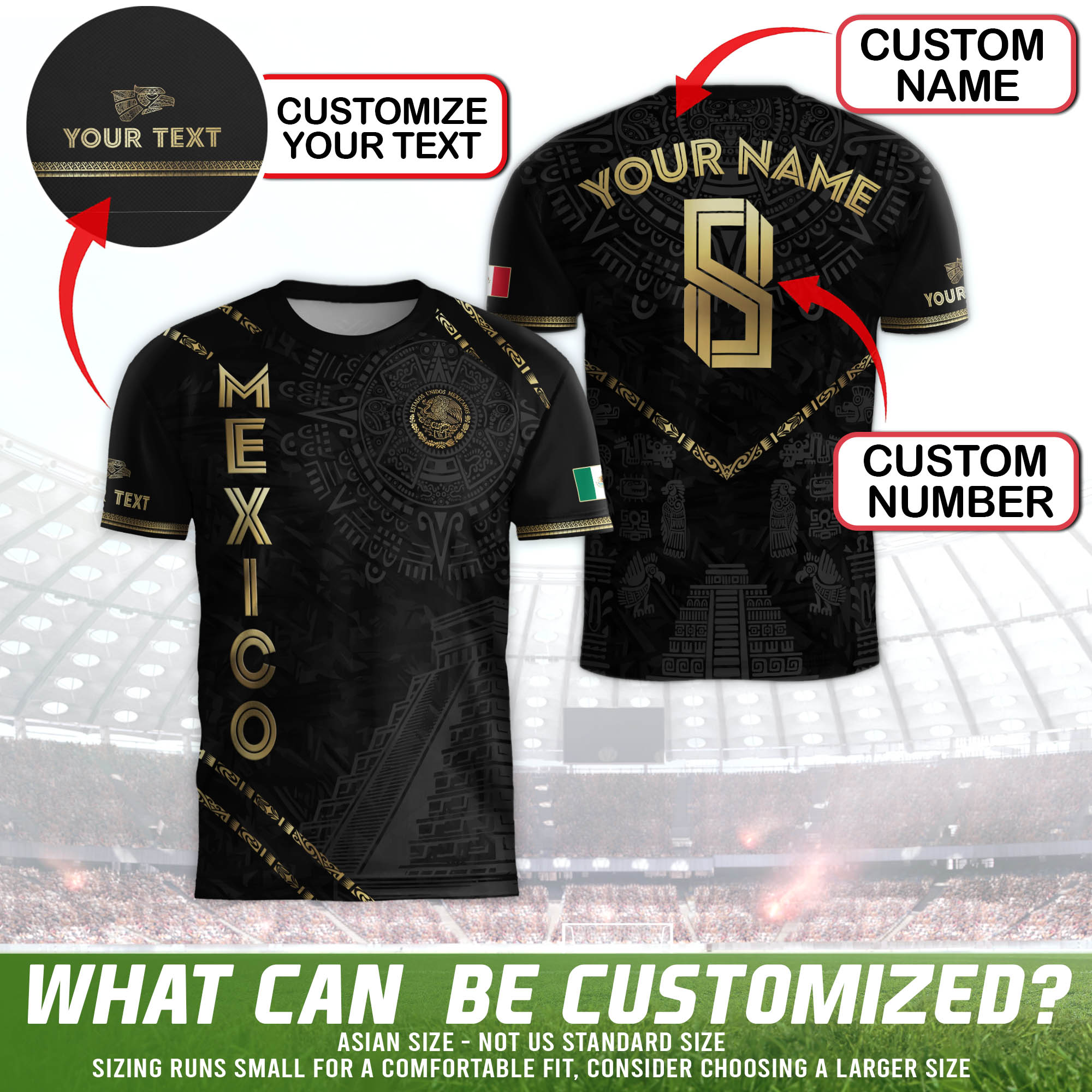 Custom Mexico Black Gold Aztec Calendar Pyramid Design Soccer Jersey