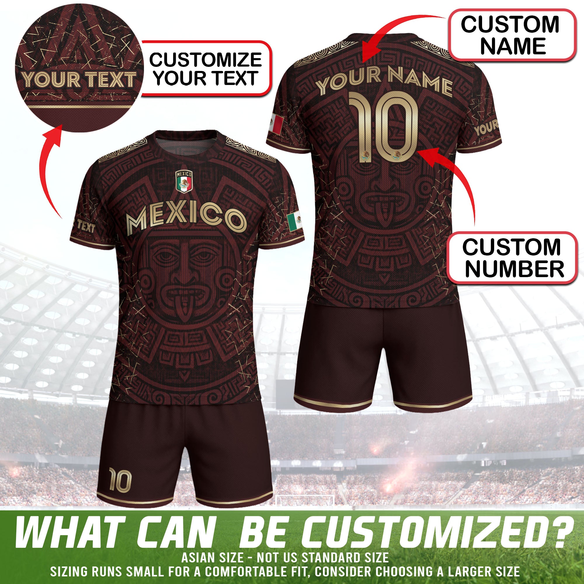 Custom Soccer Jersey Mexico Burgundy Gold Aztec Sun Design