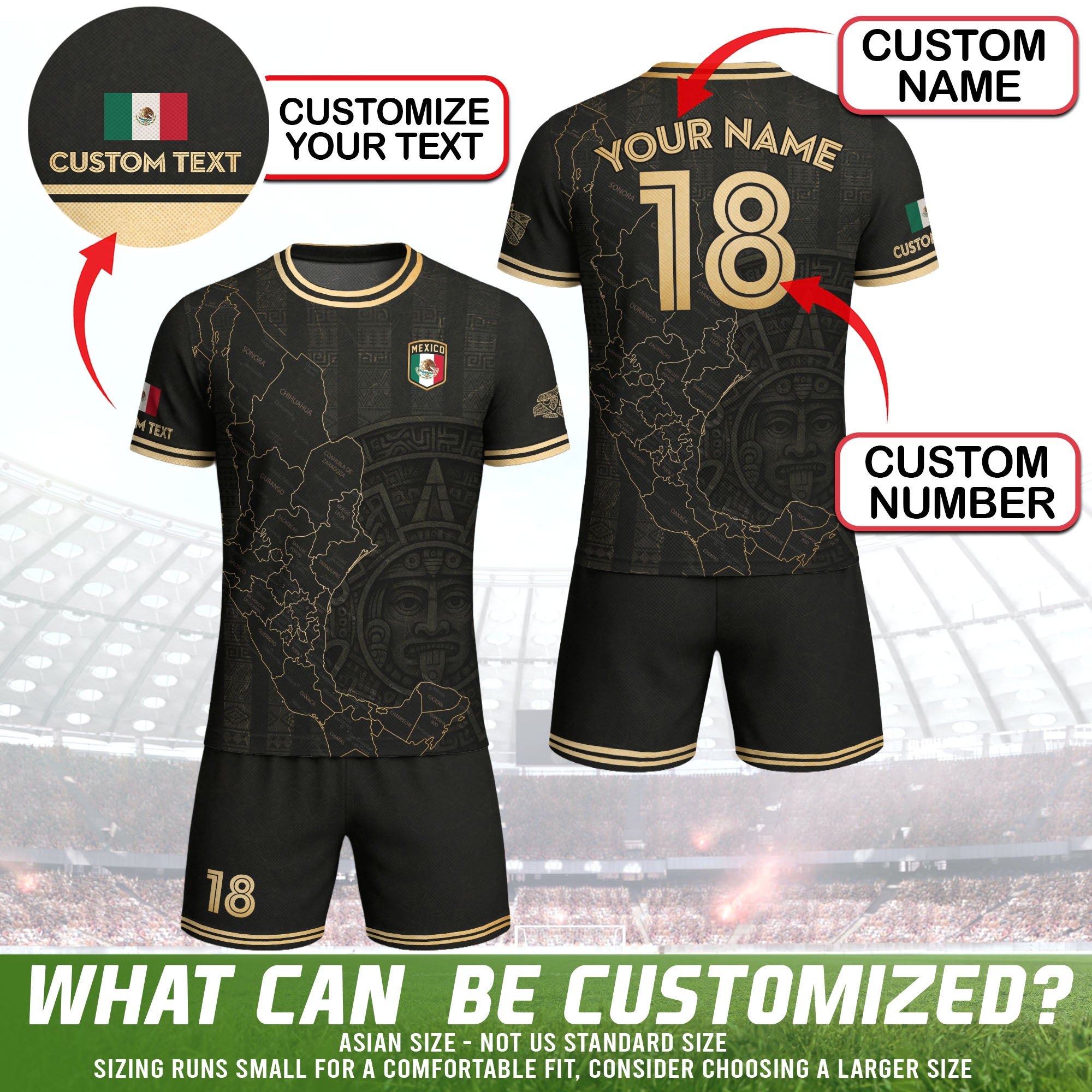 Custom Mexico Black Gold Map Aztec Sun Design Soccer Jersey
