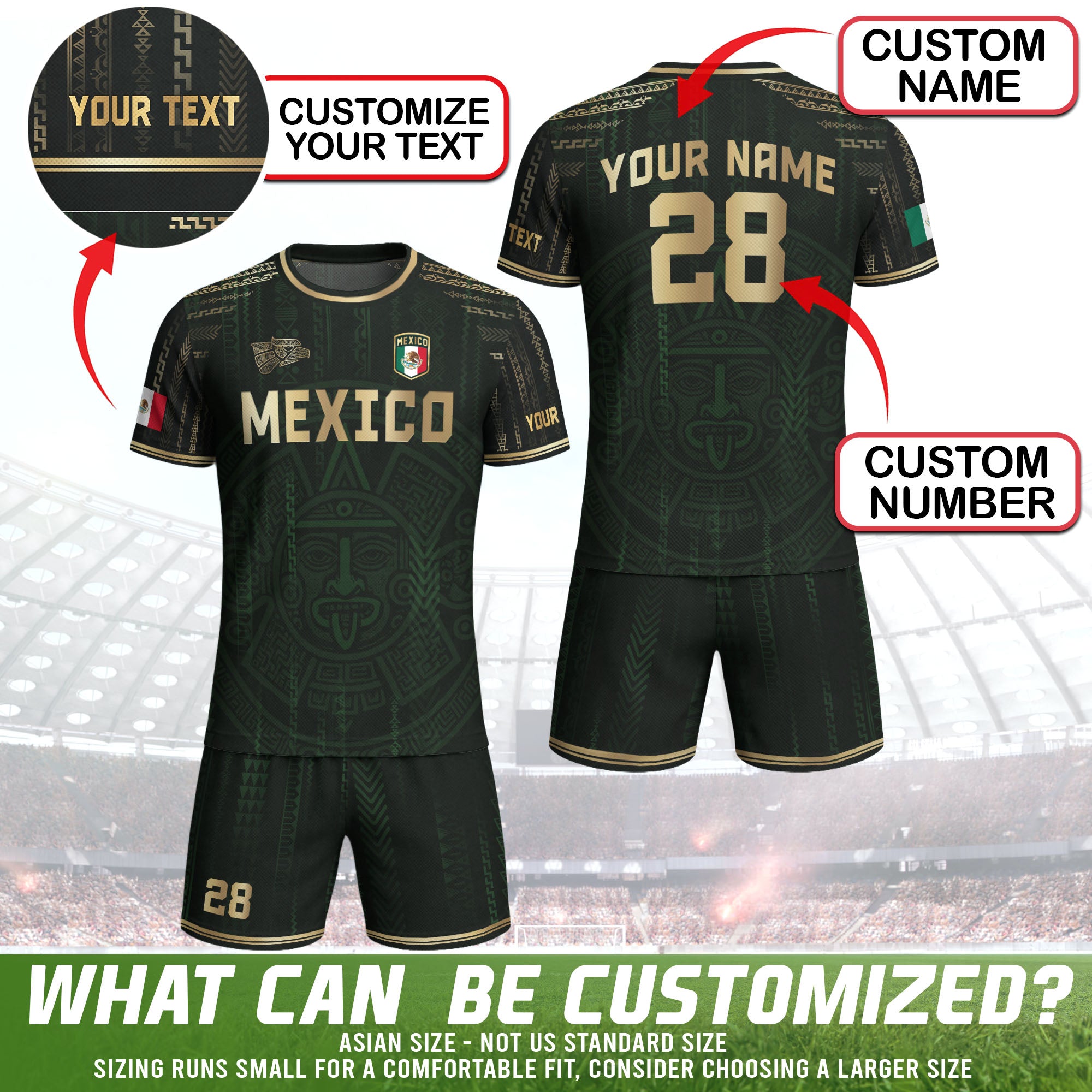 Custom Mexico Dark Green Gold Aztec Sun Design Soccer Jersey