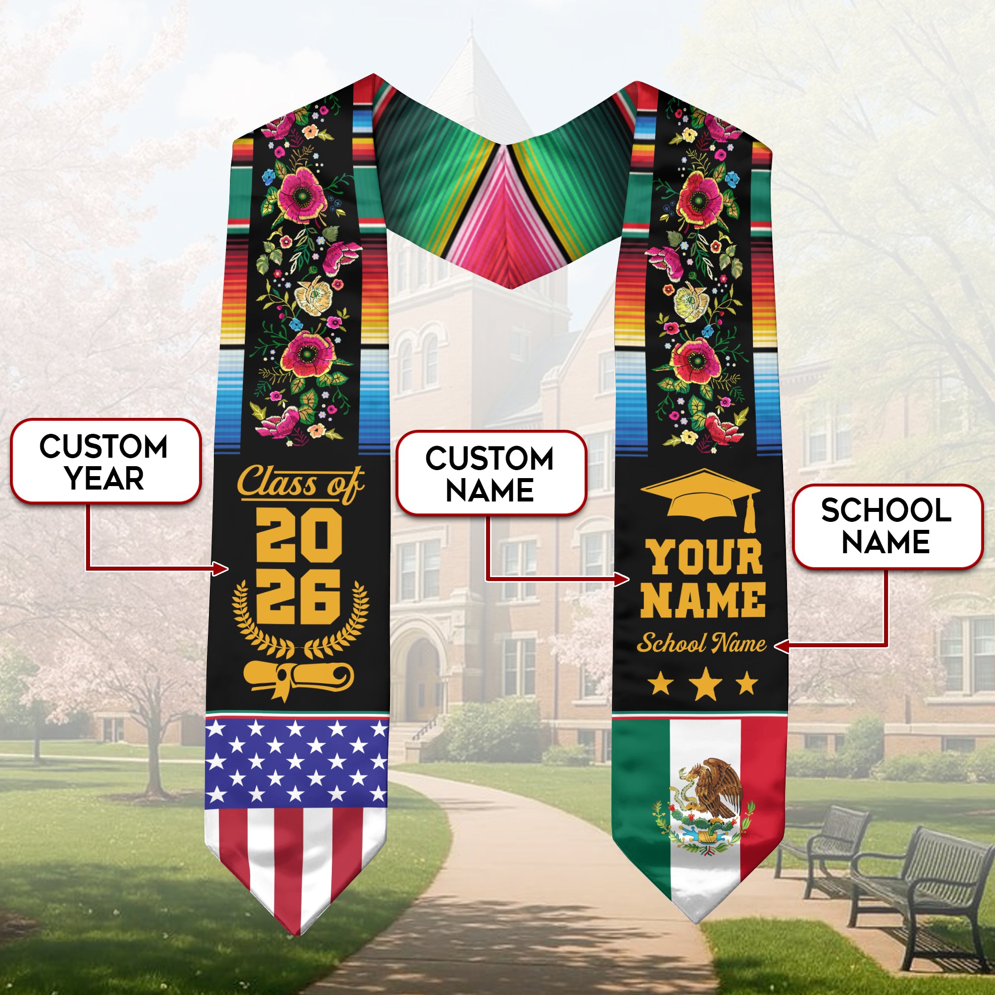 Custom Mexican Graduation Stole Mexico USA Flag Serape Floral Class 2026