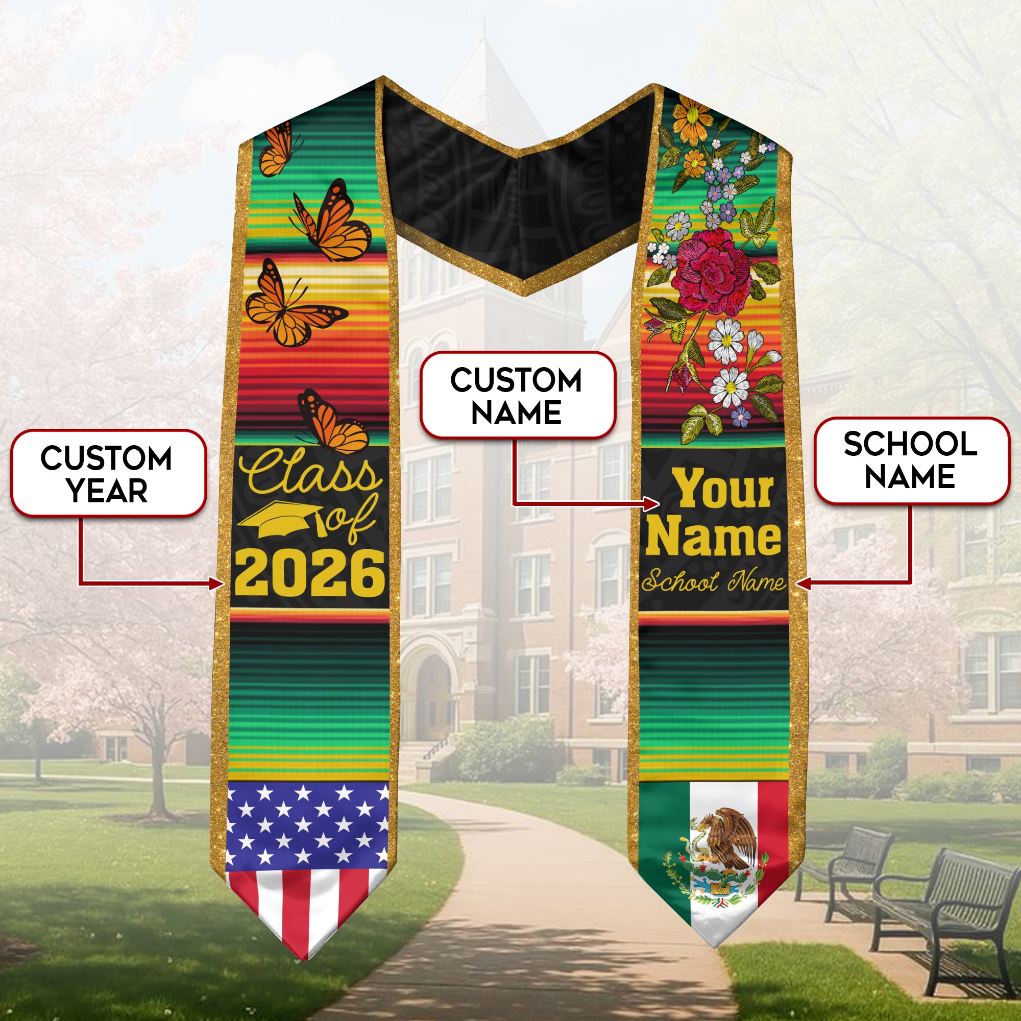 Custom Mexican Graduation Stole Mexico USA Flag Serape Butterfly Floral Class 2026