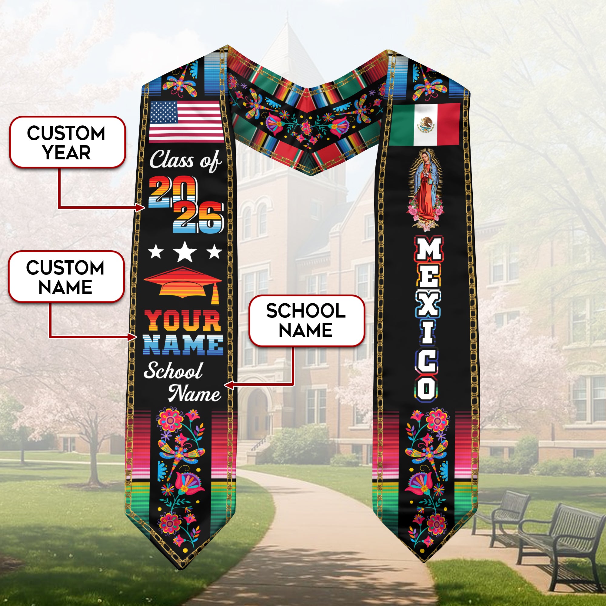 Custom Mexican Graduation Stole 2026 Aztec Floral Butterfly Virgin Mary USA Mexico Flag