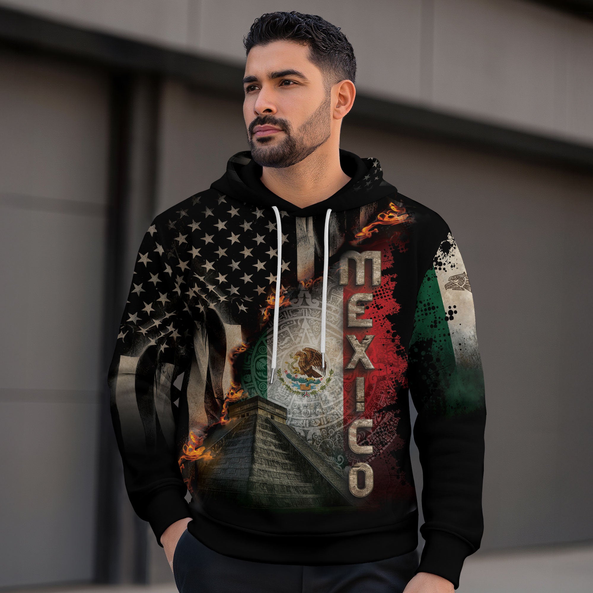 Mexico USA Flag Aztec Pyramid Heritage Unity Warrior Hoodie