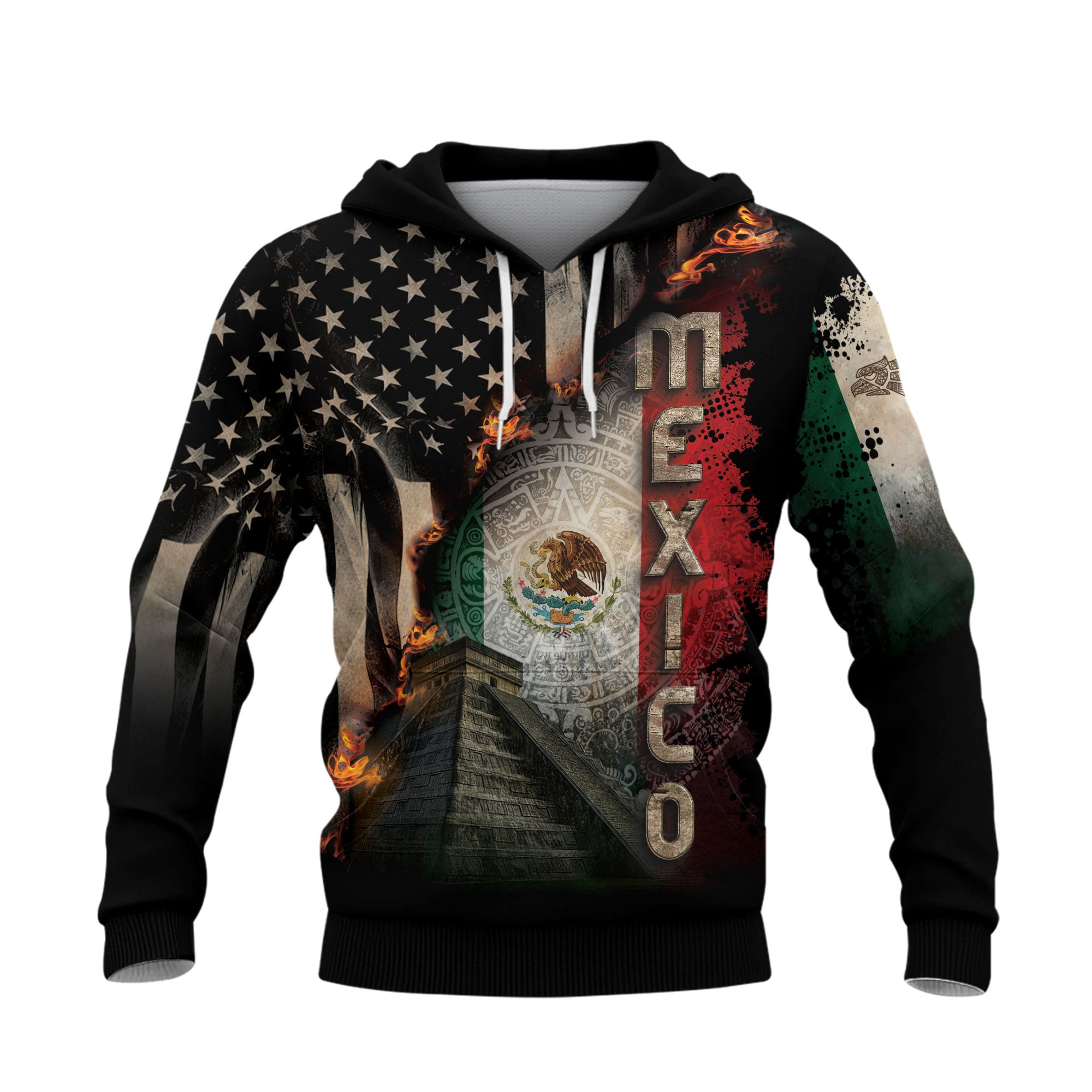 Mexico USA Flag Aztec Pyramid Heritage Unity Warrior Hoodie