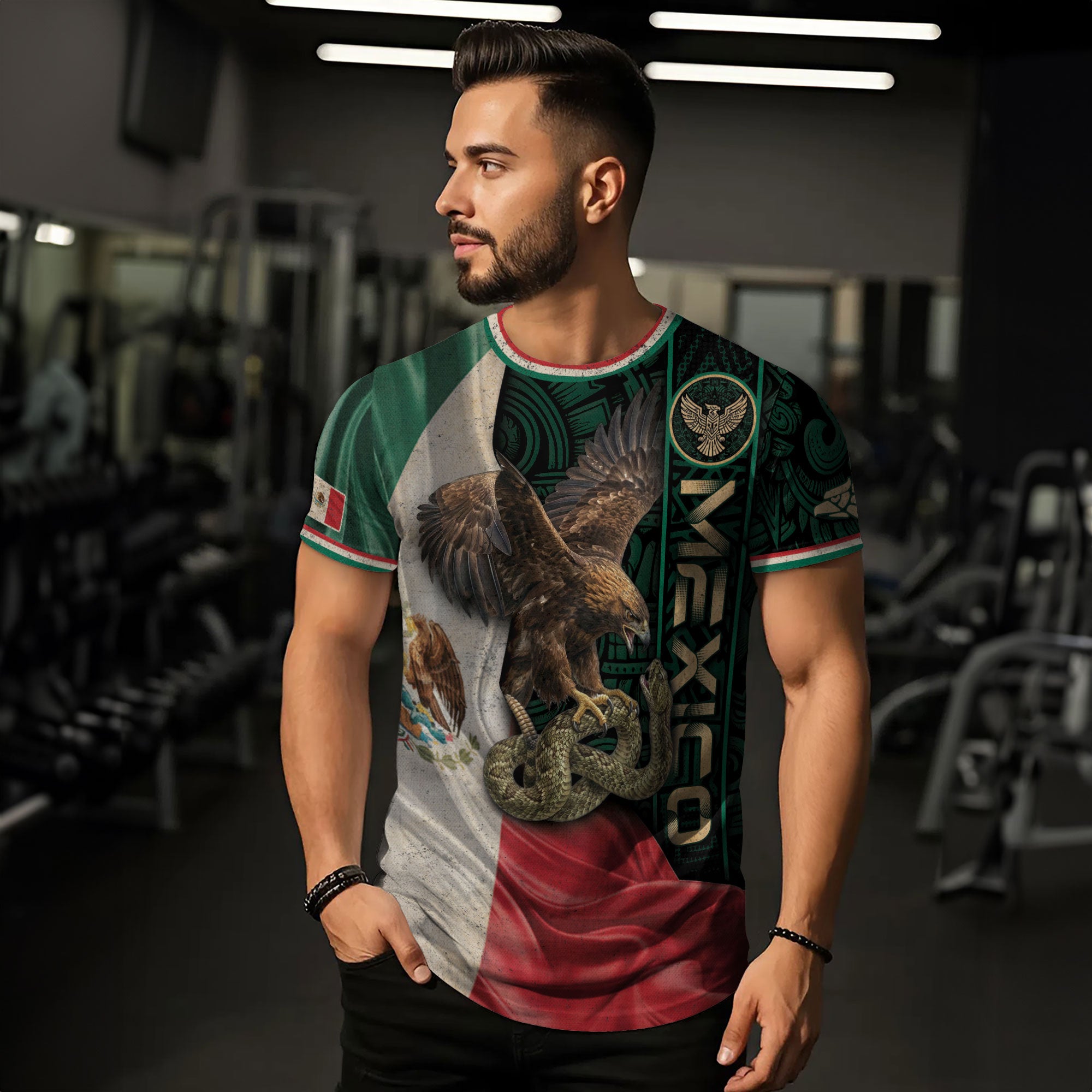 Camiseta de identidad con la bandera de México, águila, serpiente, herencia azteca, orgullo nacional