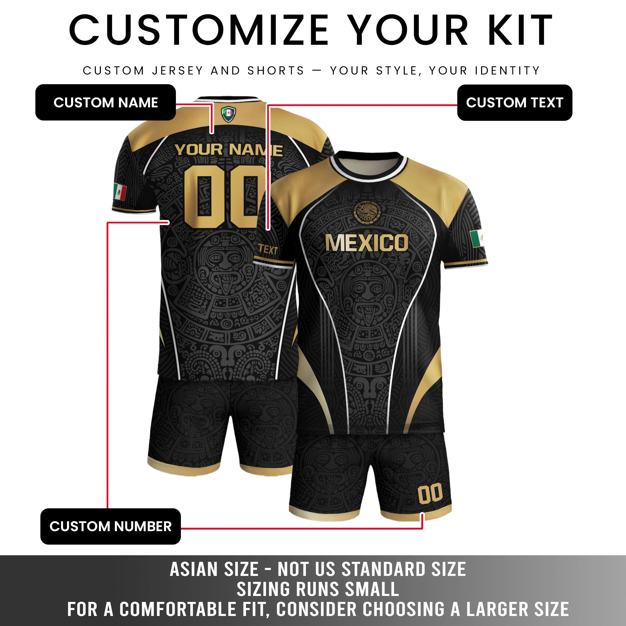 Custom Mexico Soccer Jersey Black Gold Heritage Aztec Pattern Design
